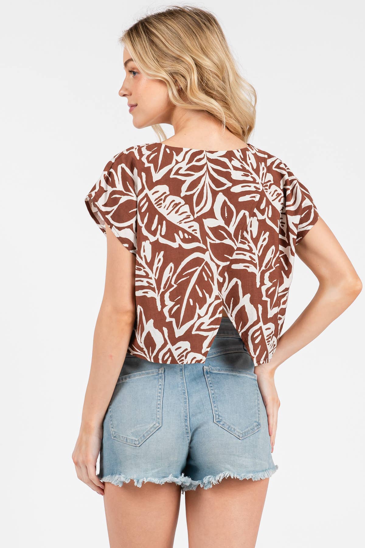 Print Extended Sleeve Crop Top - NJT30270A1: Brown/ Off White