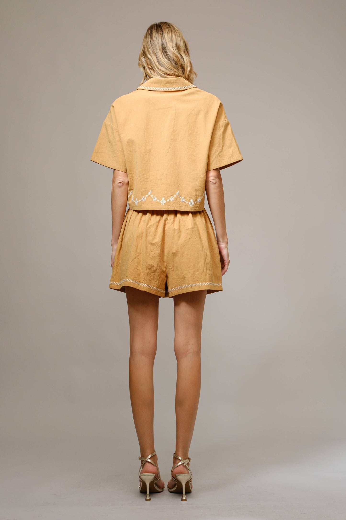 Top Only ππ 94380 - Cotton Embroidered Crop Shirt: TAN / Blue B