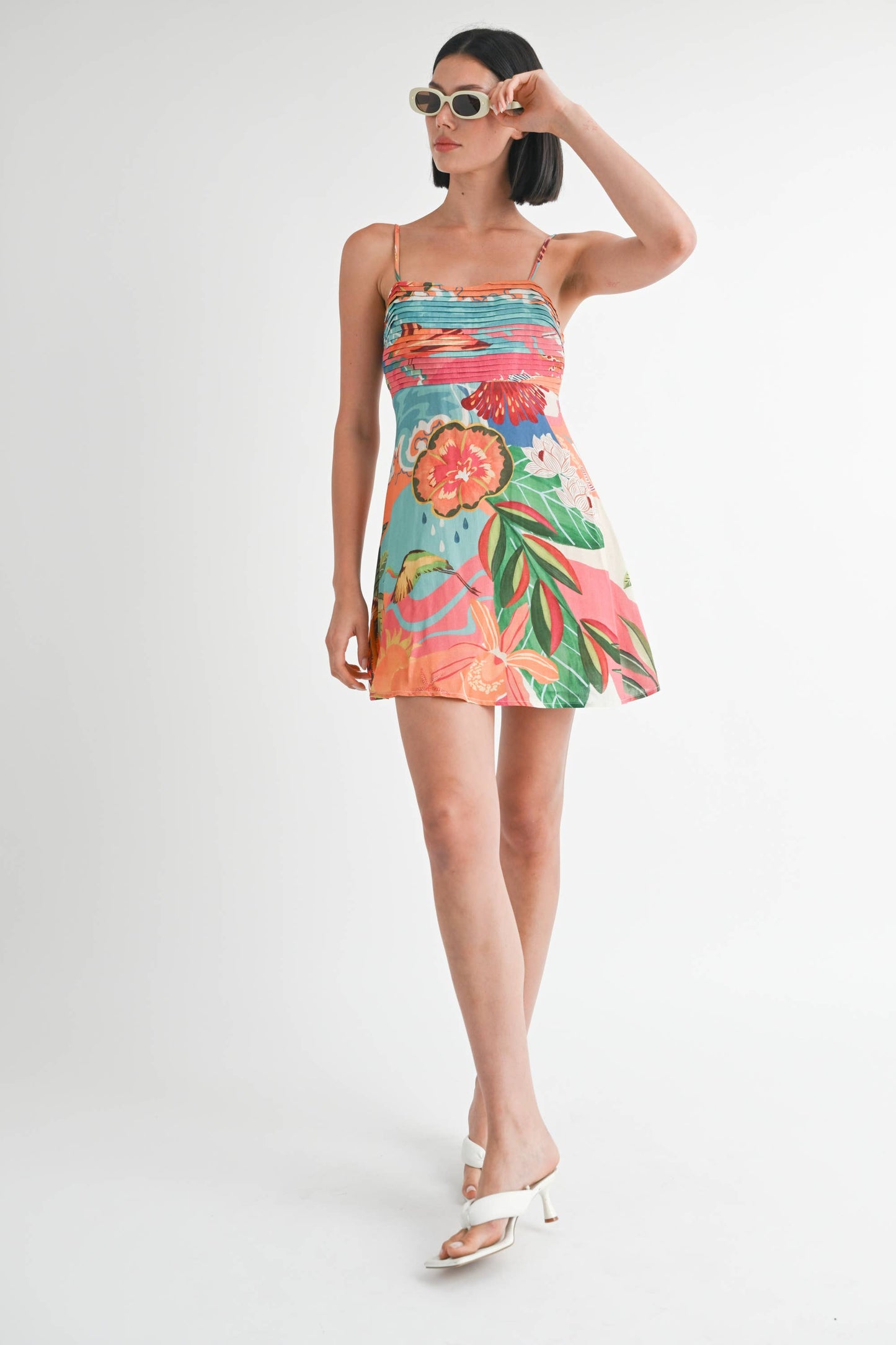 A LINE SLEEVELESS MINI DRESS: TANGERINE TEAL PRINT / IPA2252D