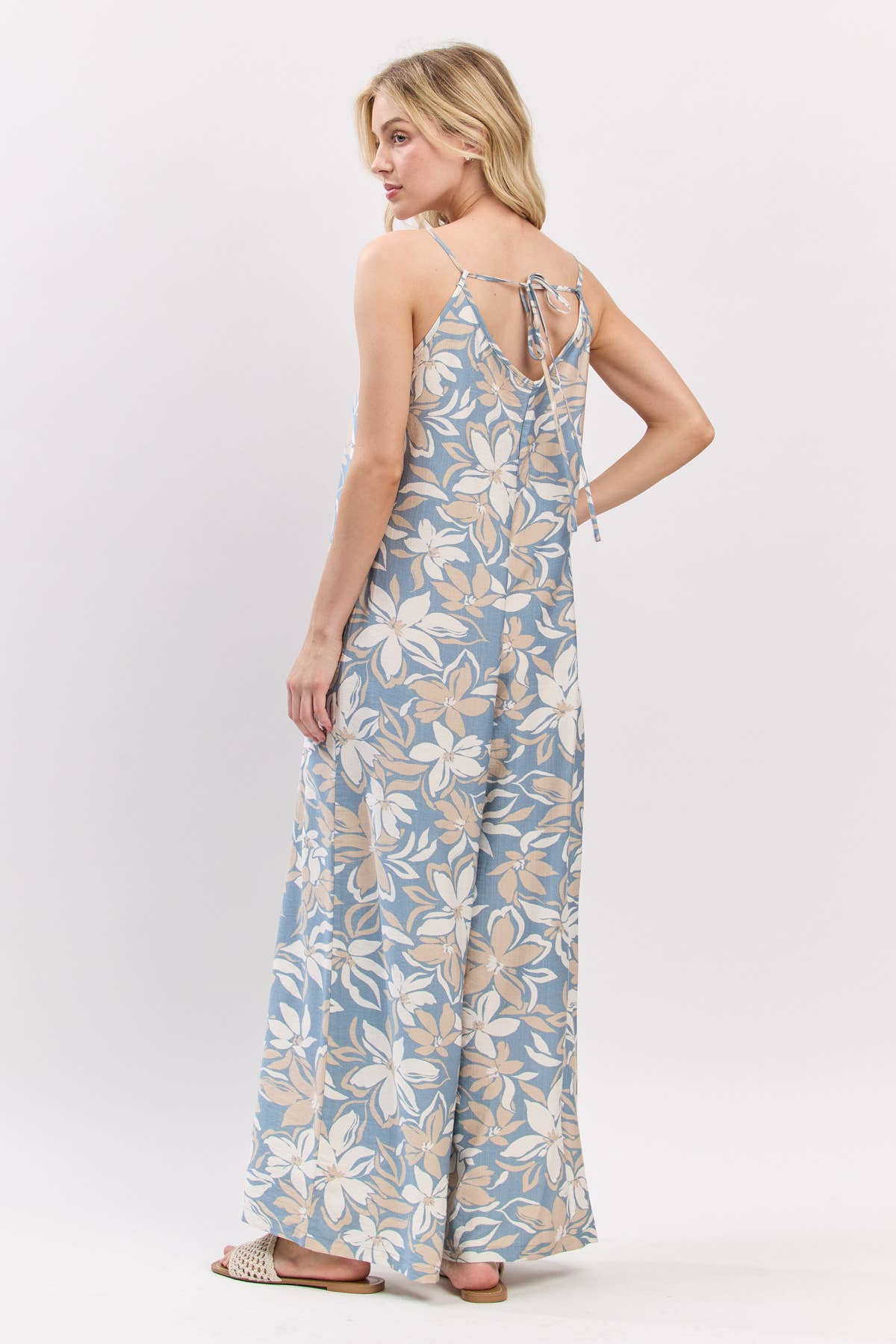 V-Neck Shoulder Strap Tie Back Jumpsuit - VJ3915: Blue/ Taupe