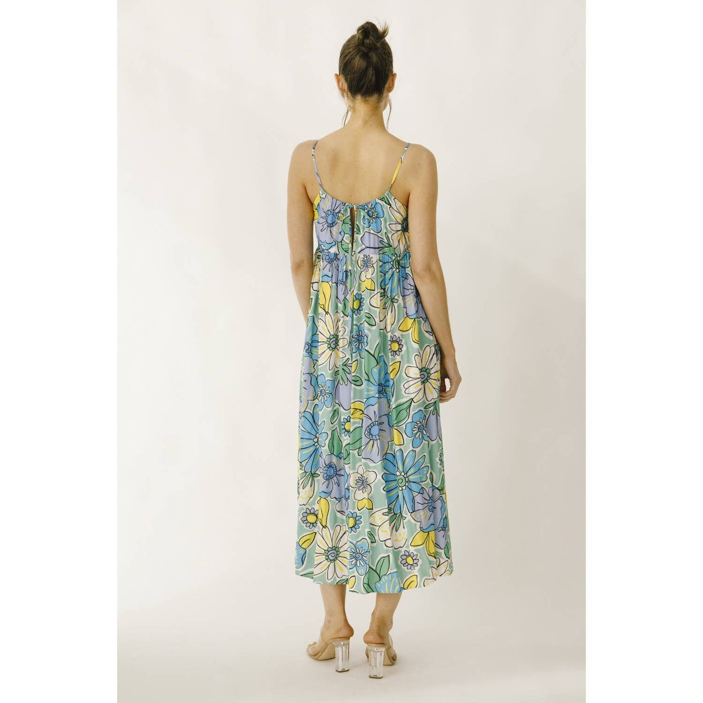 JD4711-1- LARGE BRIGHT FLORAL BABY DOLL MIDI DRESS: GREEN