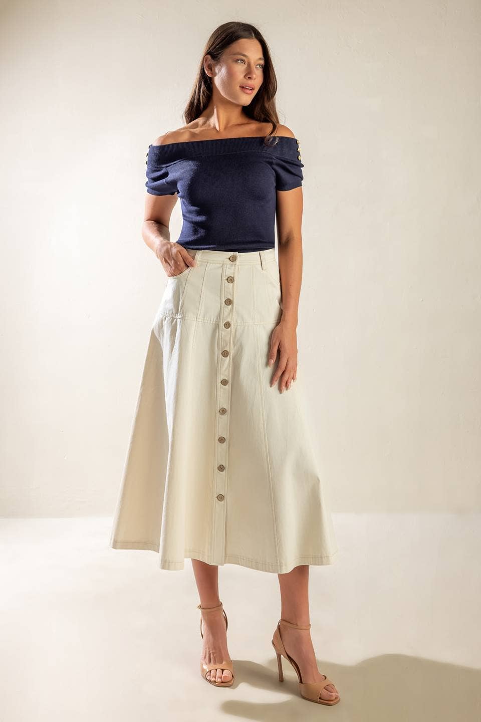 A solid woven A line midi skirt - FK1148: ECRU