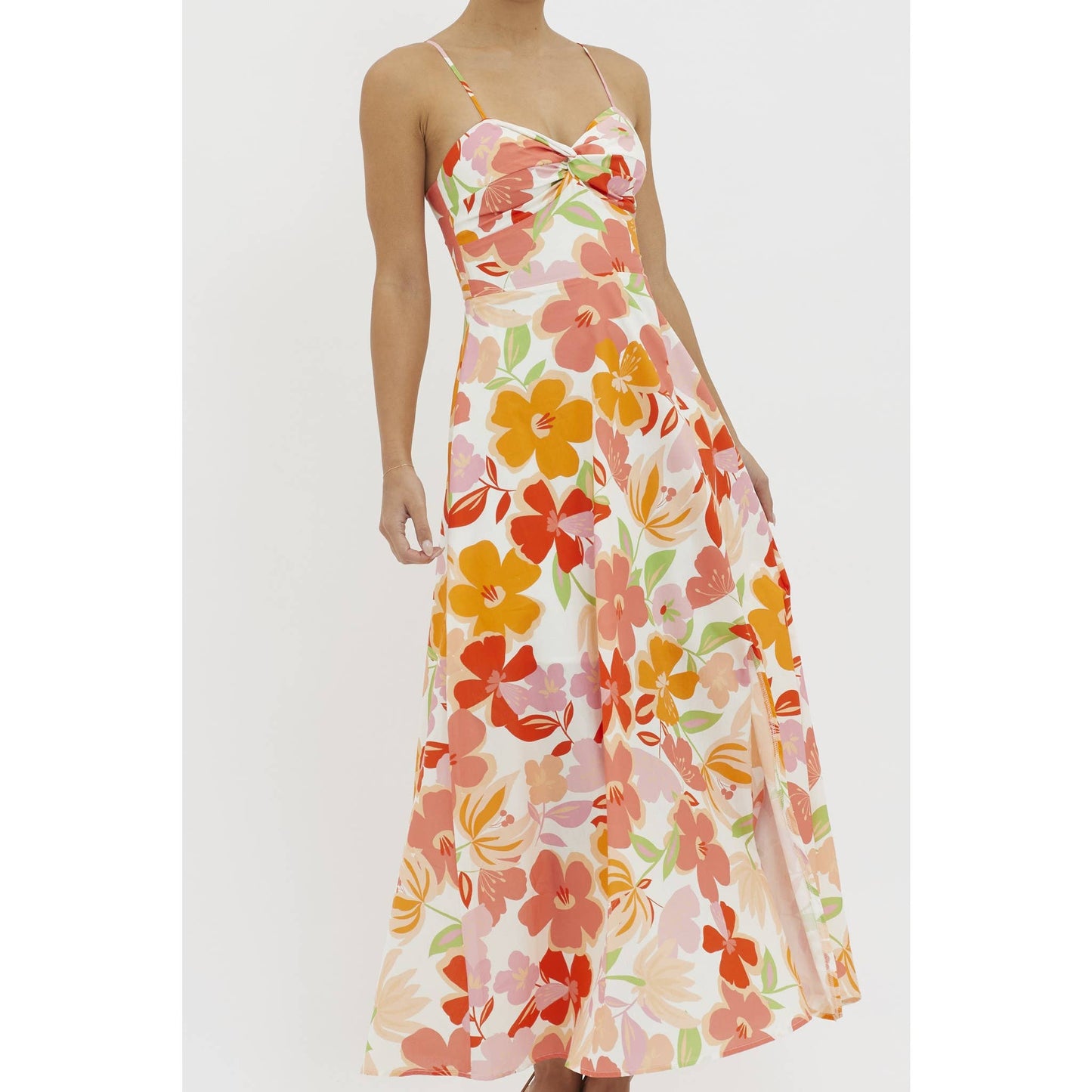 SLEEVELESS FLORAL PRINT FRONT TWIST MAXI DRESS: BLUE / 64349H
