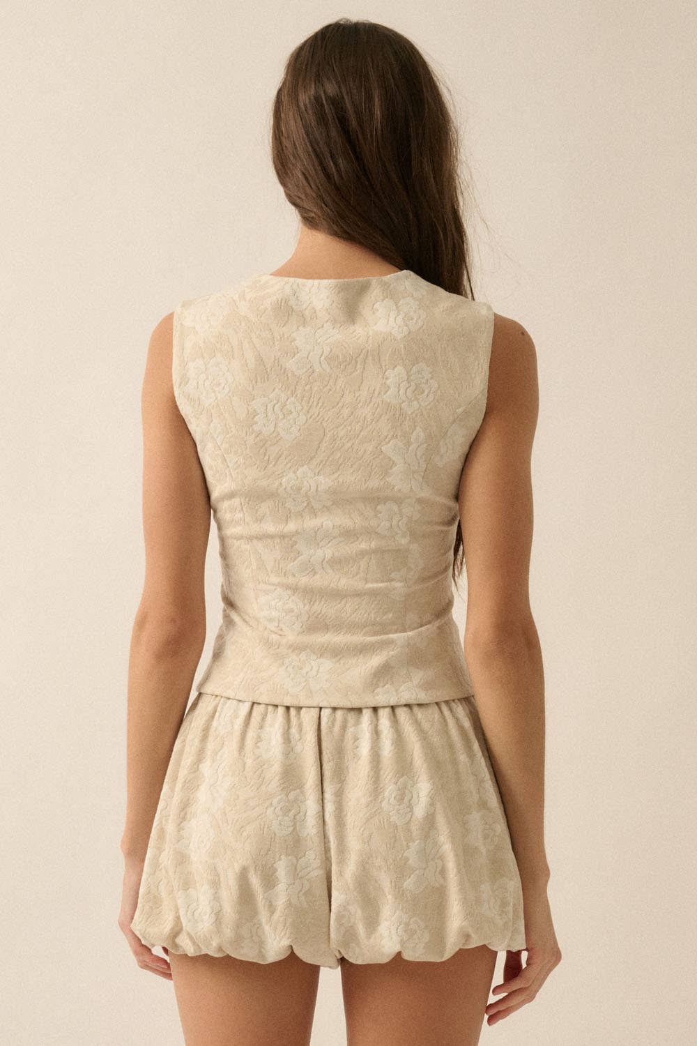 Floral Jacquard Tapestry Button-Front Corset Top: OATMEAL / UTC0545