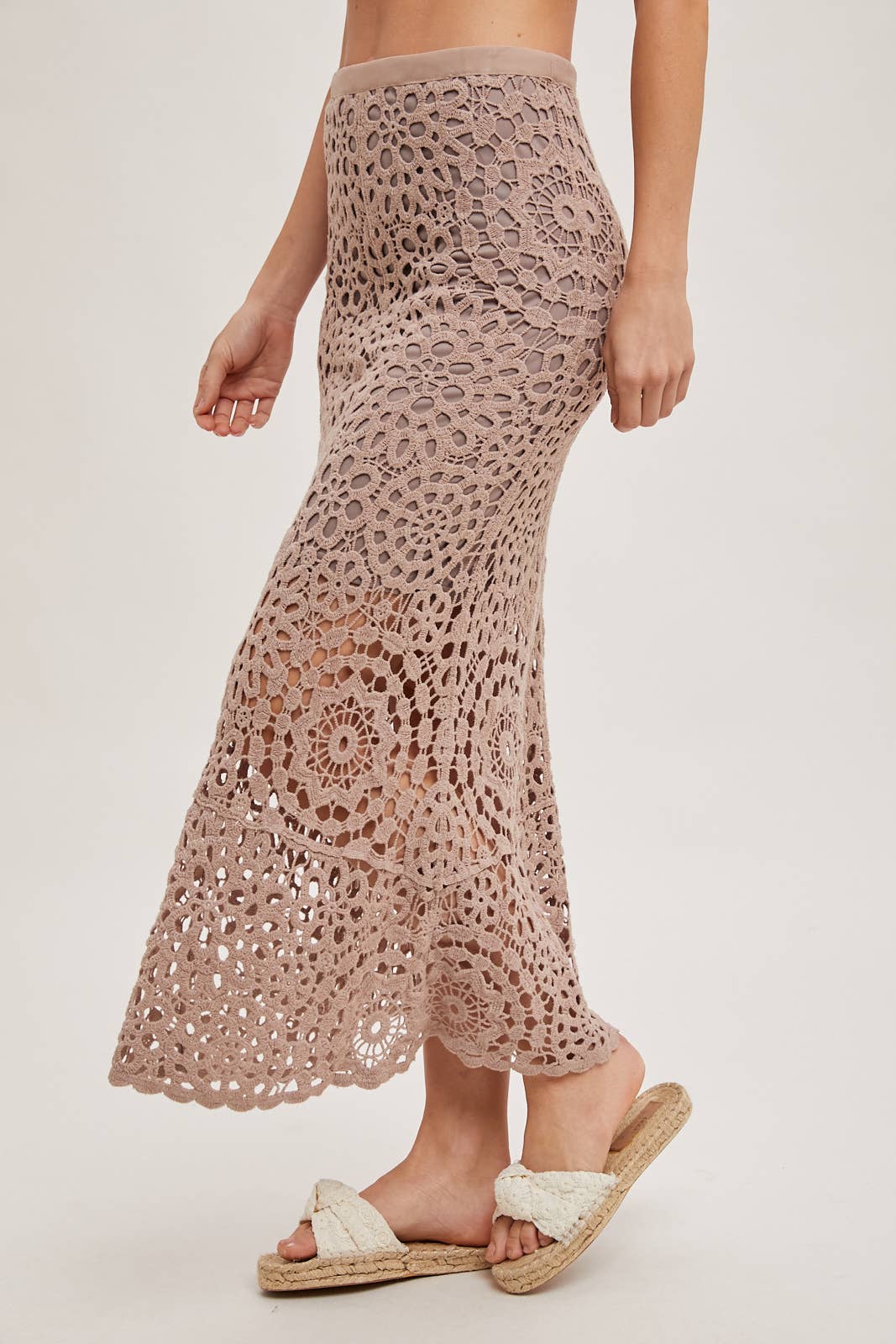 CROCHET MIDI SKIRT WITH LINING: NATURAL / B02609
