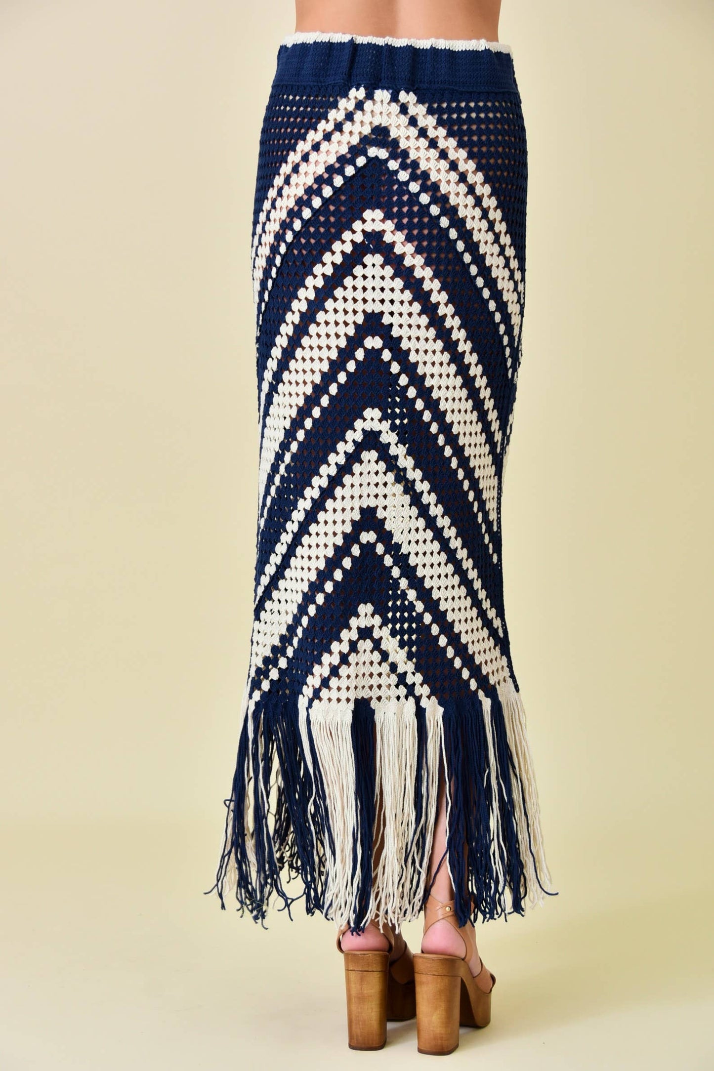 RESORT BEACH CHEVRON CROCHET FRINGED MIDI SKIRT-SI3997FO: Ivory/Navy