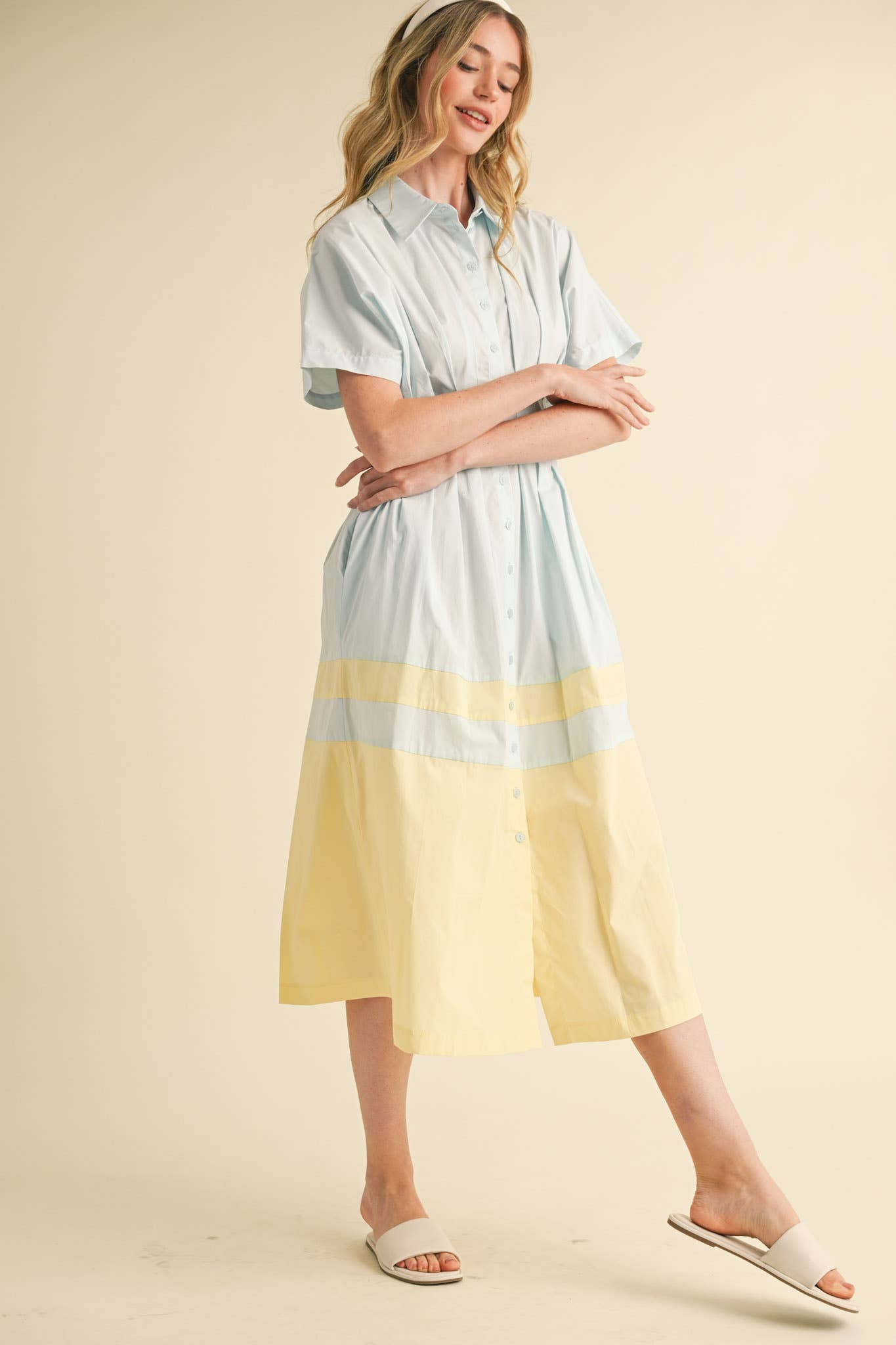 BUTTON DOWN PLEATED WAIST COLOR BLOCK MIDI DRESS MDR3556