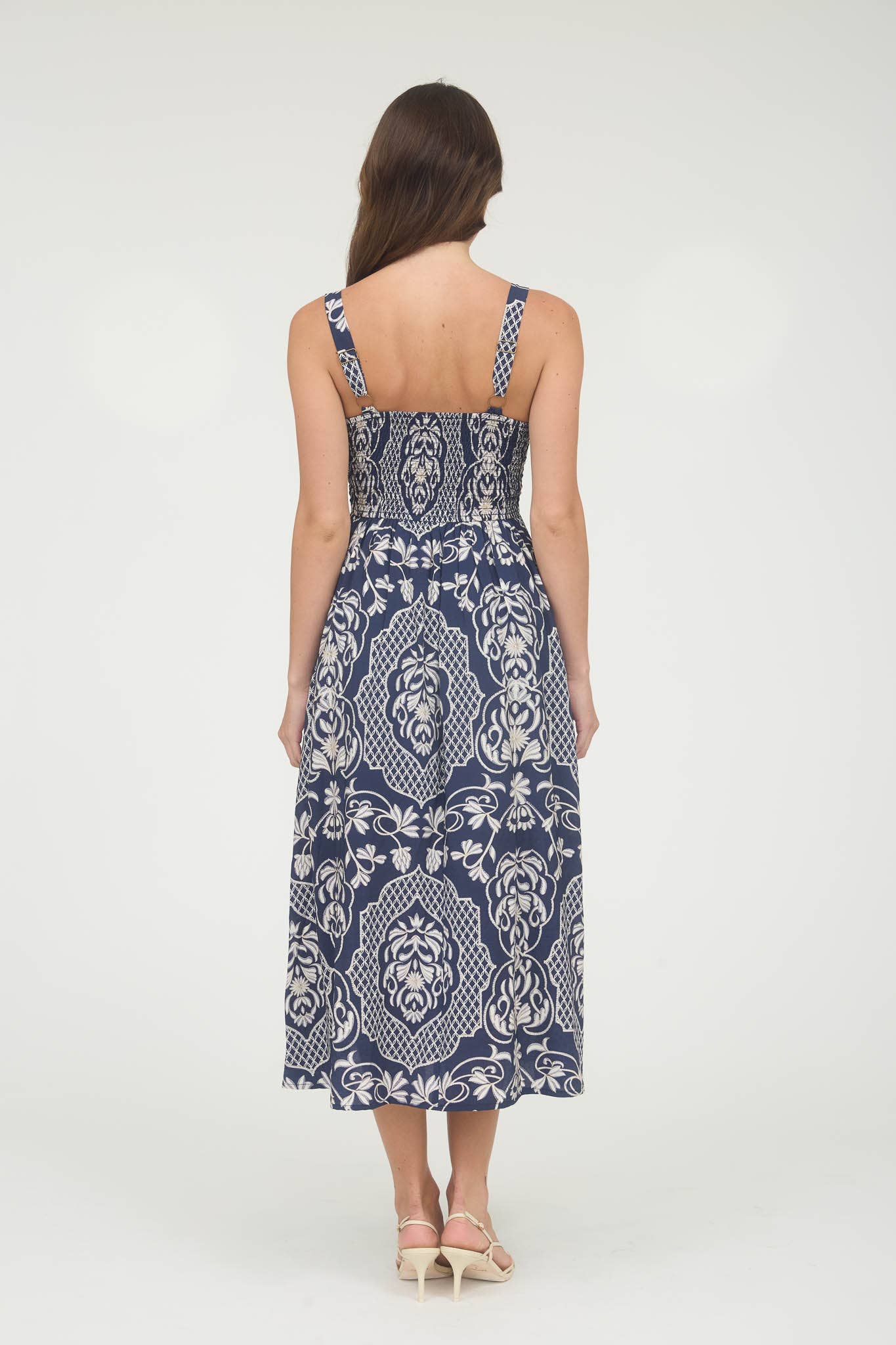 FLORAL DAMASK BOW DETAIL SLEEVELESS MIDI DRESS: DARK MAUVE CR2647