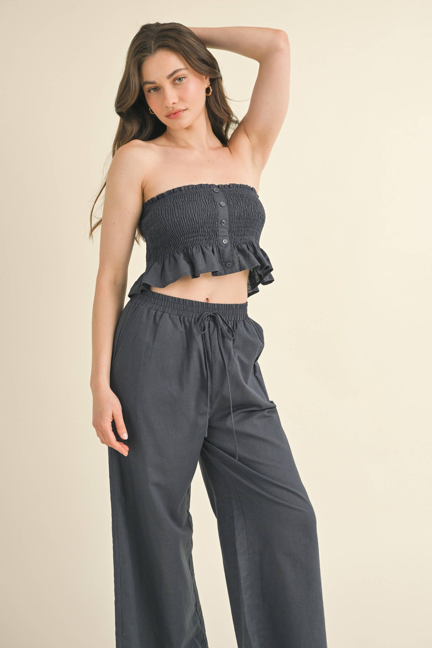 💖Top Only💖 IST5605 LINEN SMOCKED STRAPLESS TOP: DARK DENIM
