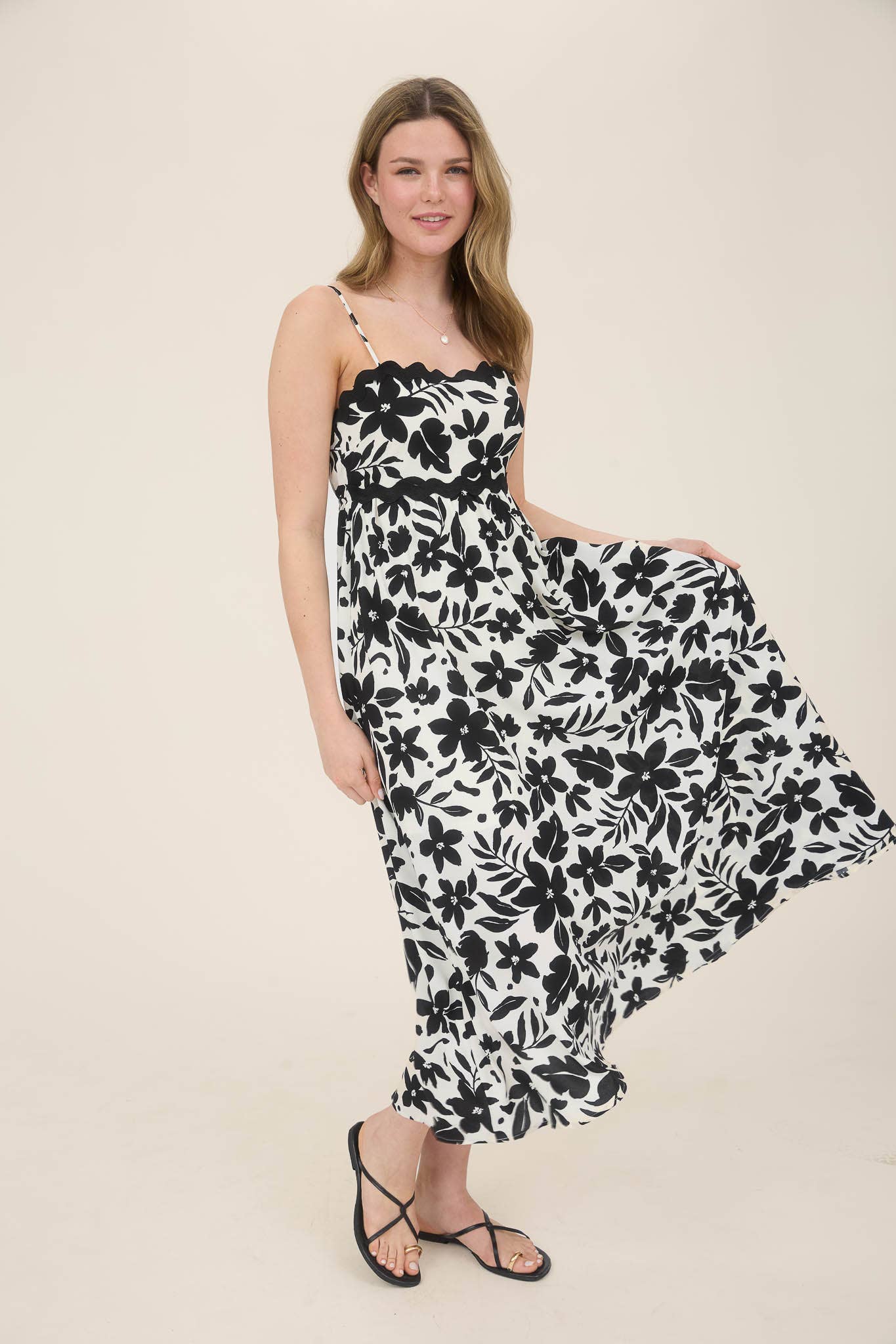 FLORAL WAVY TRIM BACK TIE MIDI DRESS: CR2562 KIWI