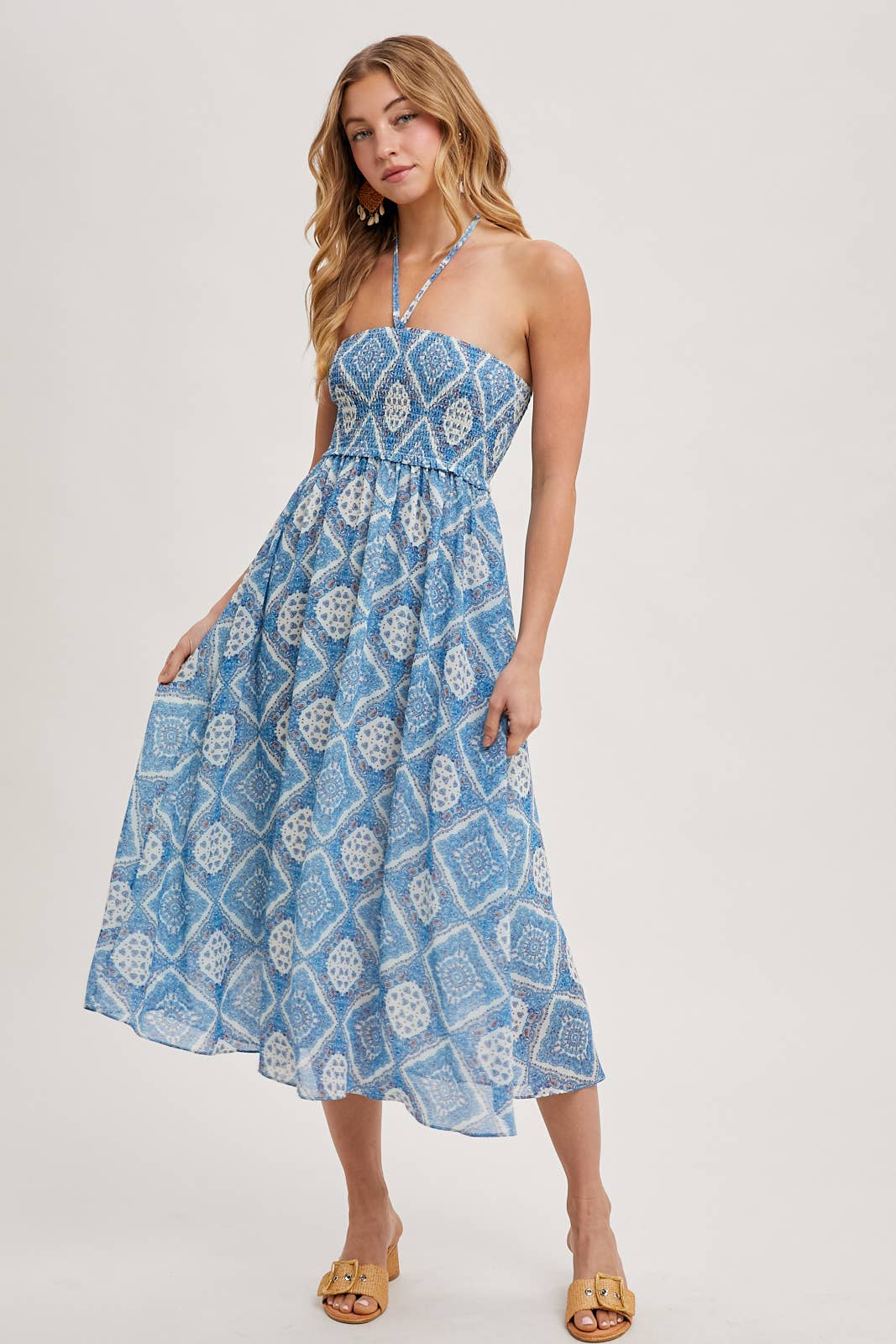 GEO PRINT SMOCKED HALTER DRESS: Green D02355