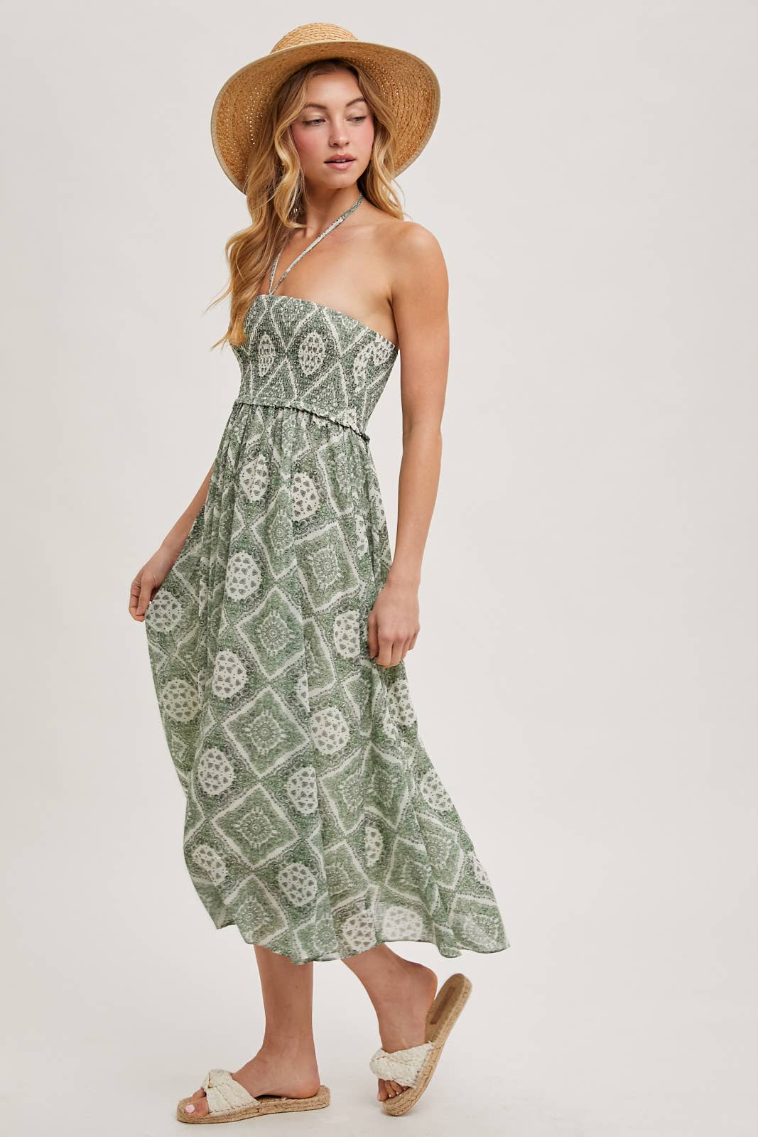 GEO PRINT SMOCKED HALTER DRESS: Green D02355