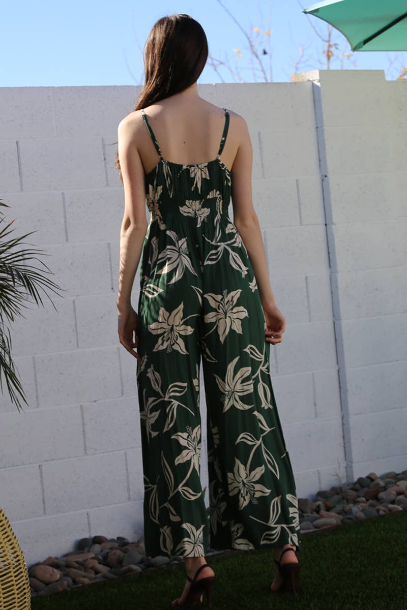 B5957-W921 V NECK SLIT LEG JUMPSUIT FLORAL PRINT: Blue