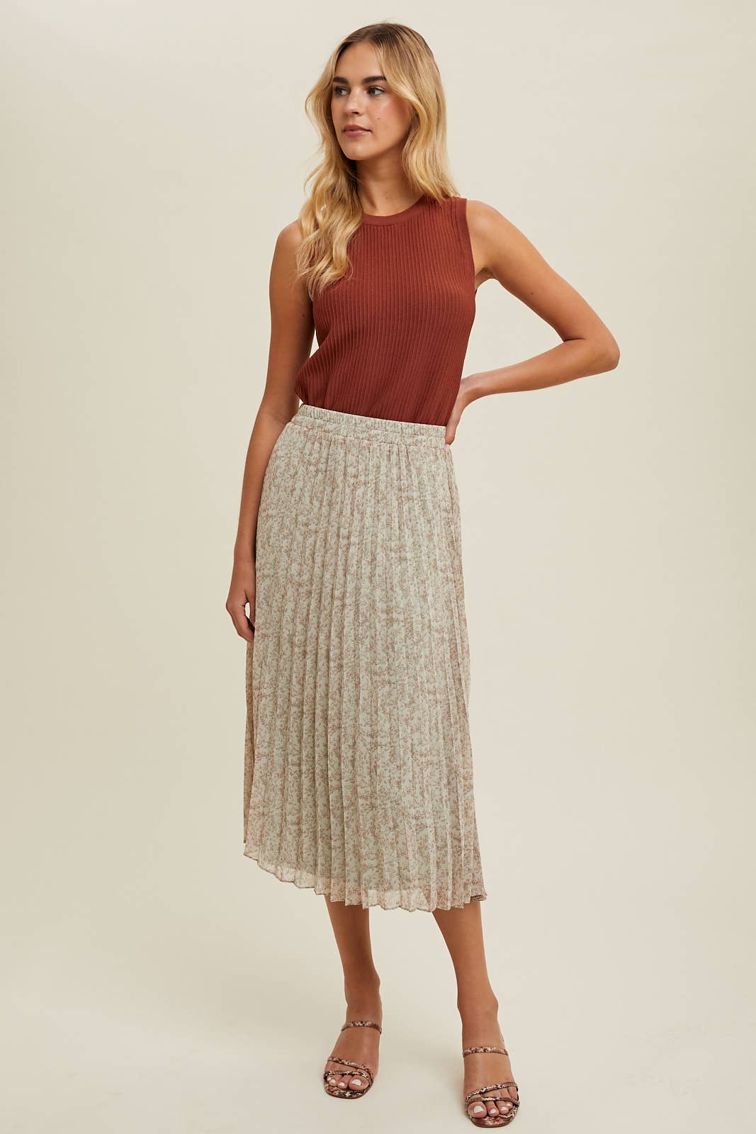 FLORAL PLEATED MIDI SKIRT / WL24-8878: MINT