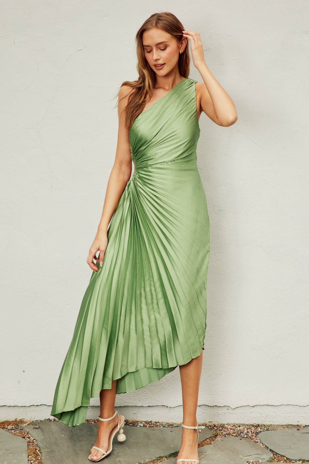 Olympia Asymmetrical Pleated Maxi Dress (1): GOLDEN OCHRE / S-M-L(3-2-1)