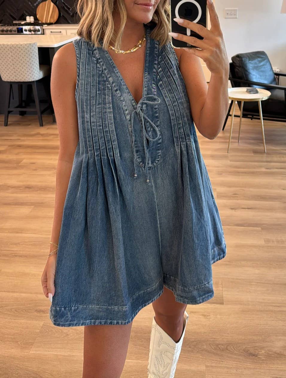 V-Neck Lace-Up Sleeveless Denim Shorts Jumpsuit: Blue / JUMPSUIT_RCXL02216