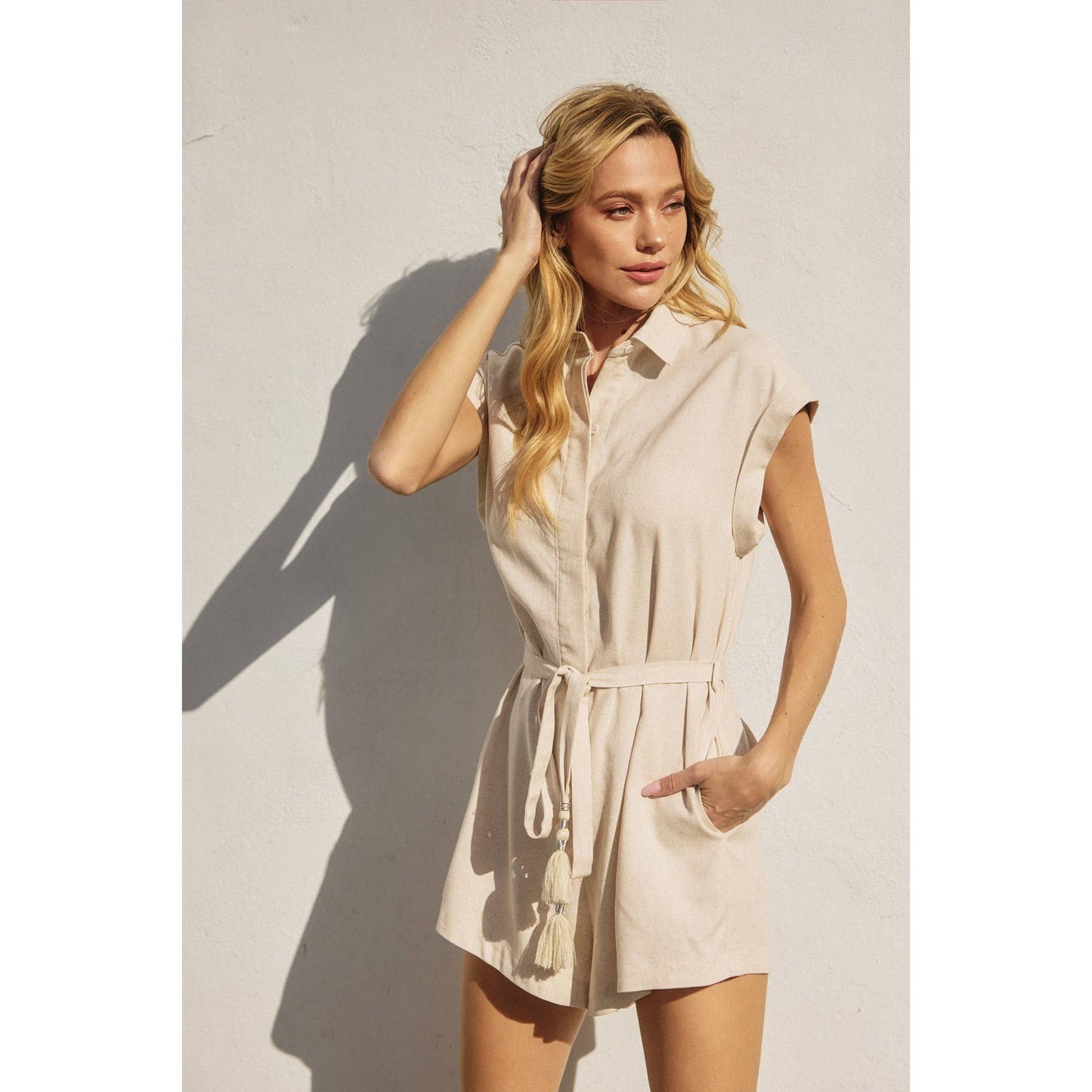 Heaven Sent Button Up Sash Belt Romper: MOCHA MERINGUE / S-M-L(3-2-1)