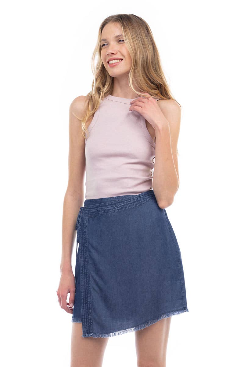 TENCEL™ Asymmetrical Wrap Skirt With Fray Hem - ES119171: Vintage Blue