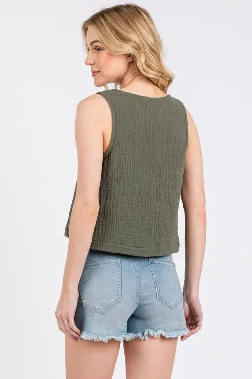 Cotton Gauze Round Neck Sleeveless Top - NT31273A: Black
