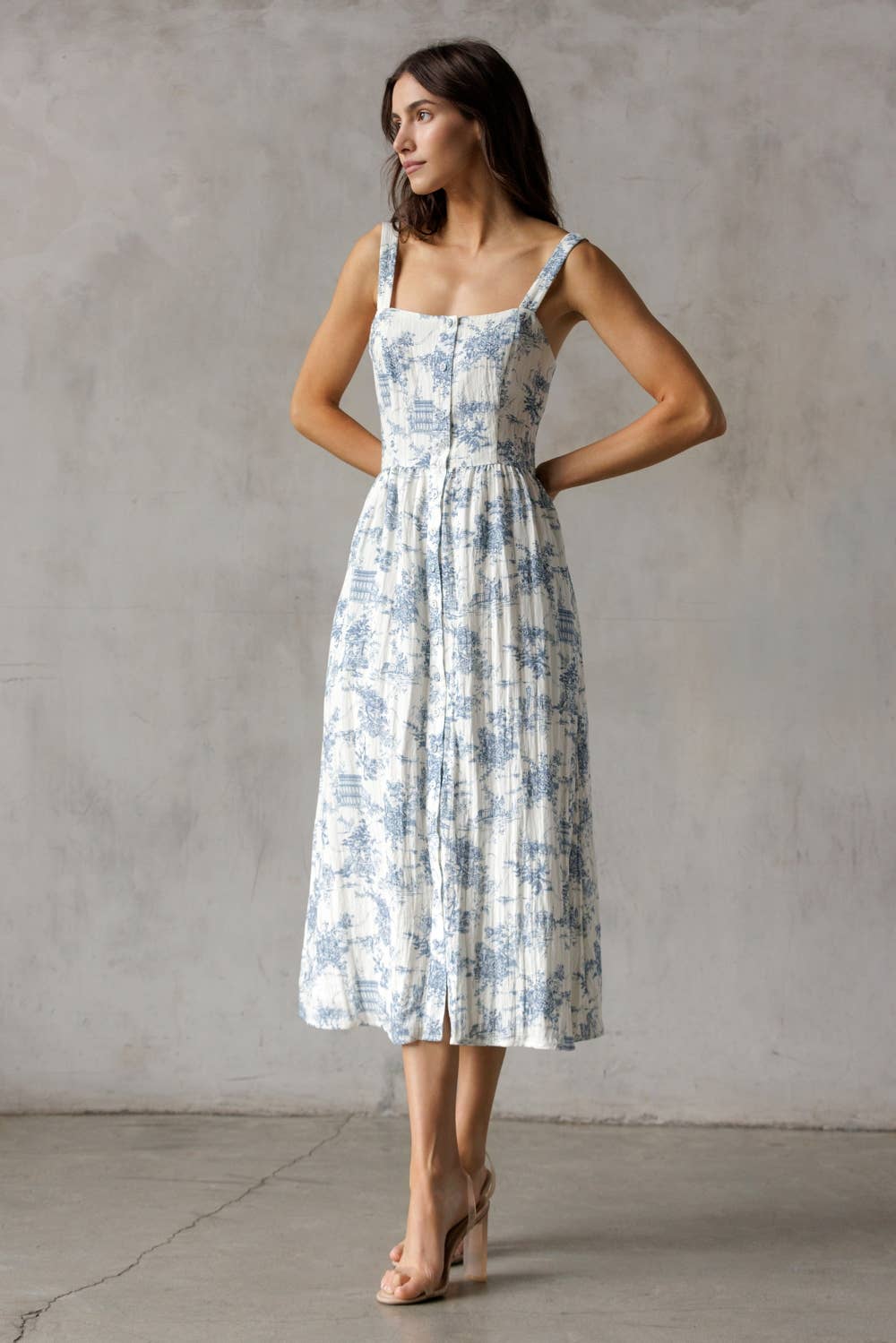 SJD7548-WHITE BLUE MIDI DRESS: WHITE/BLUE