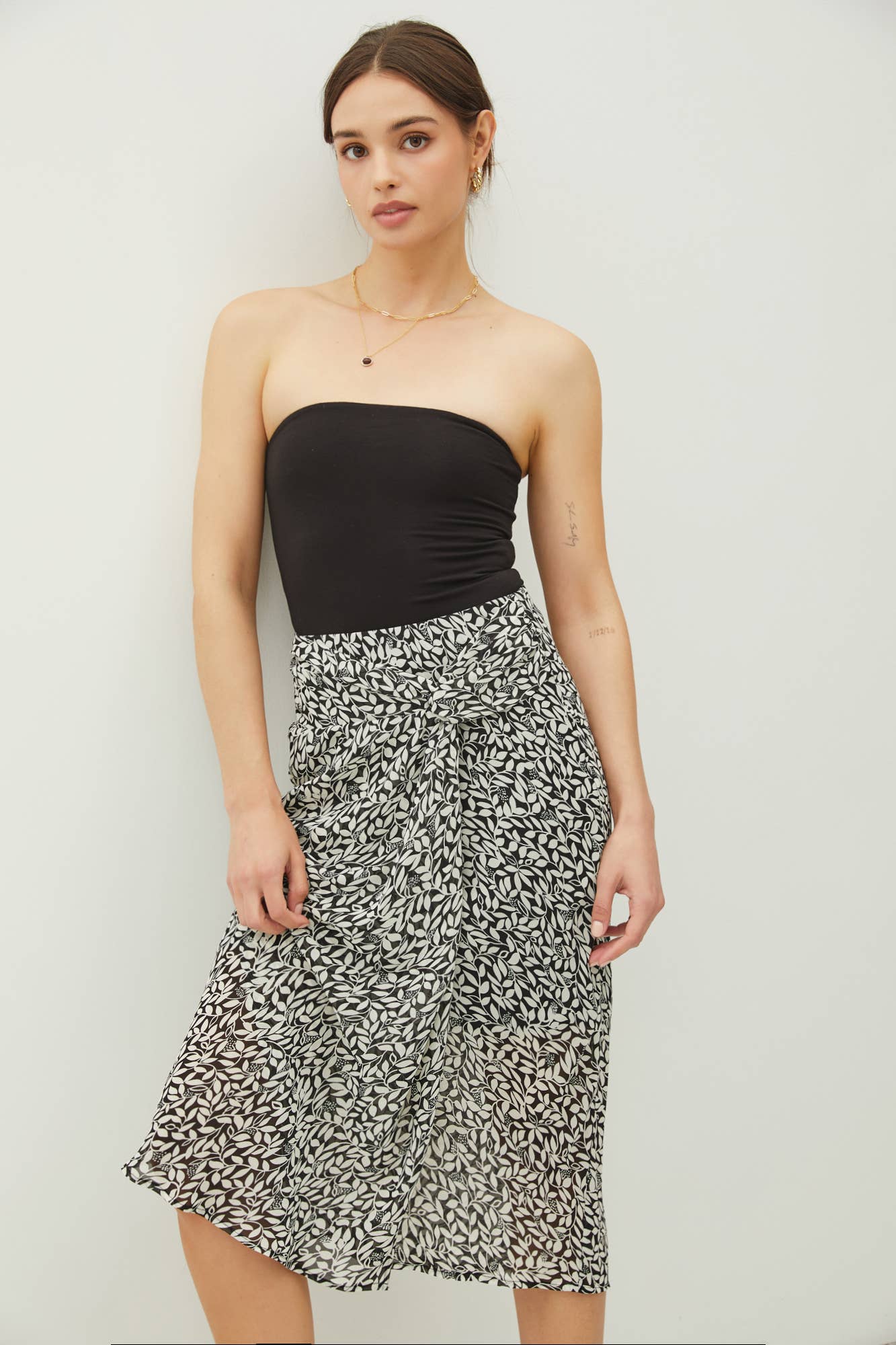 PRINT DRAPED SIDE KNOT MIDI SKIRT: Sea Green / 71106