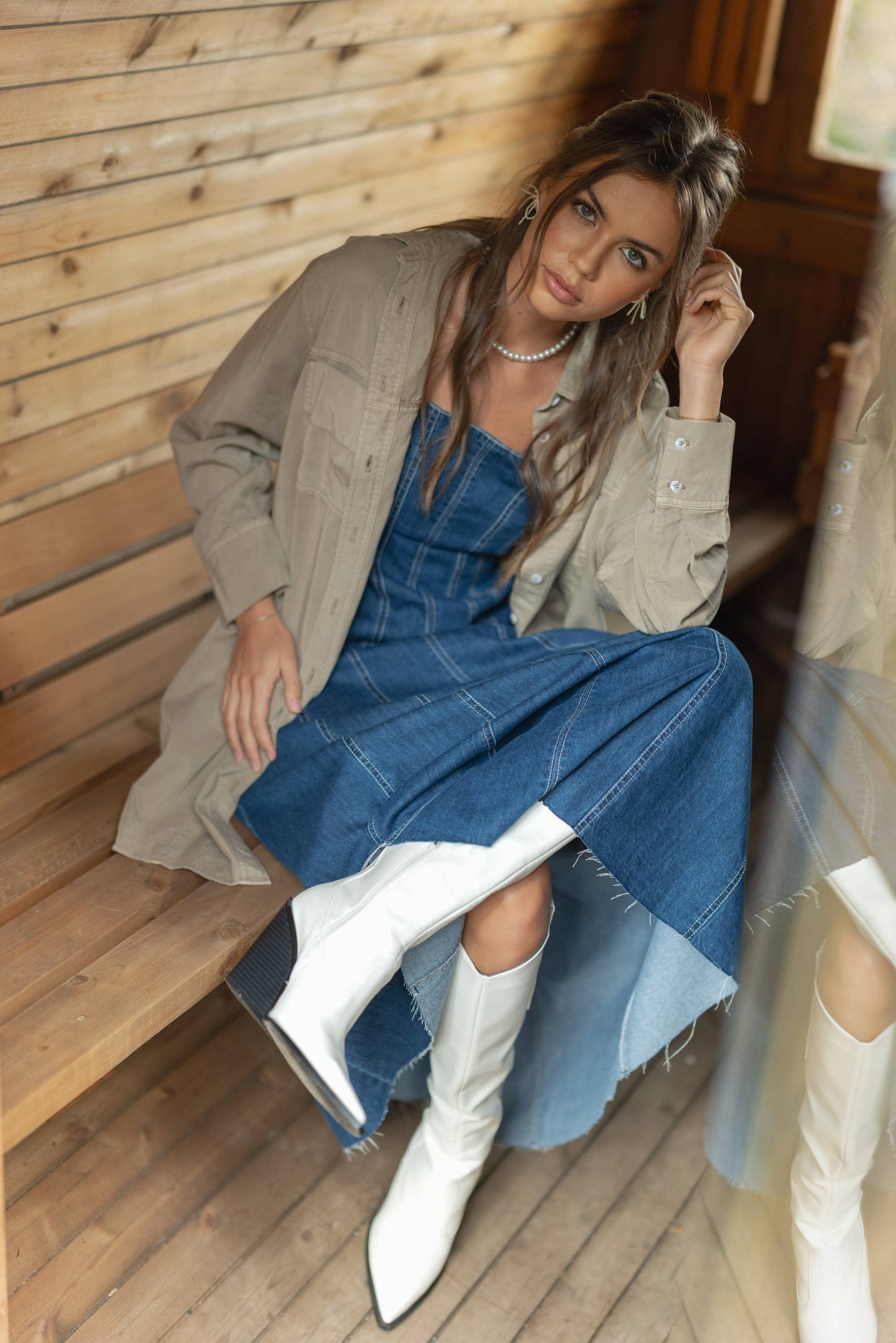 D3099 PANELED DENIM LONG DRESS: DENIM