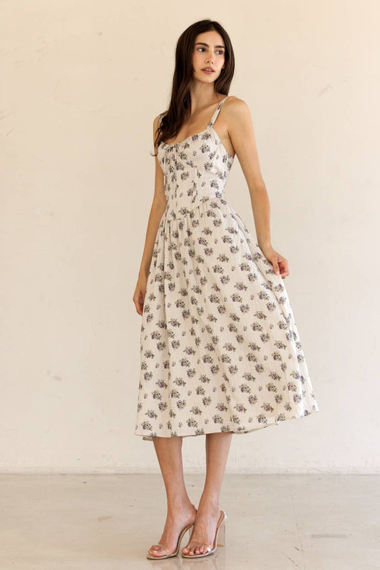 JD7715-FLORAL PRINT FIT-AND-FLARE MIDI DRESS