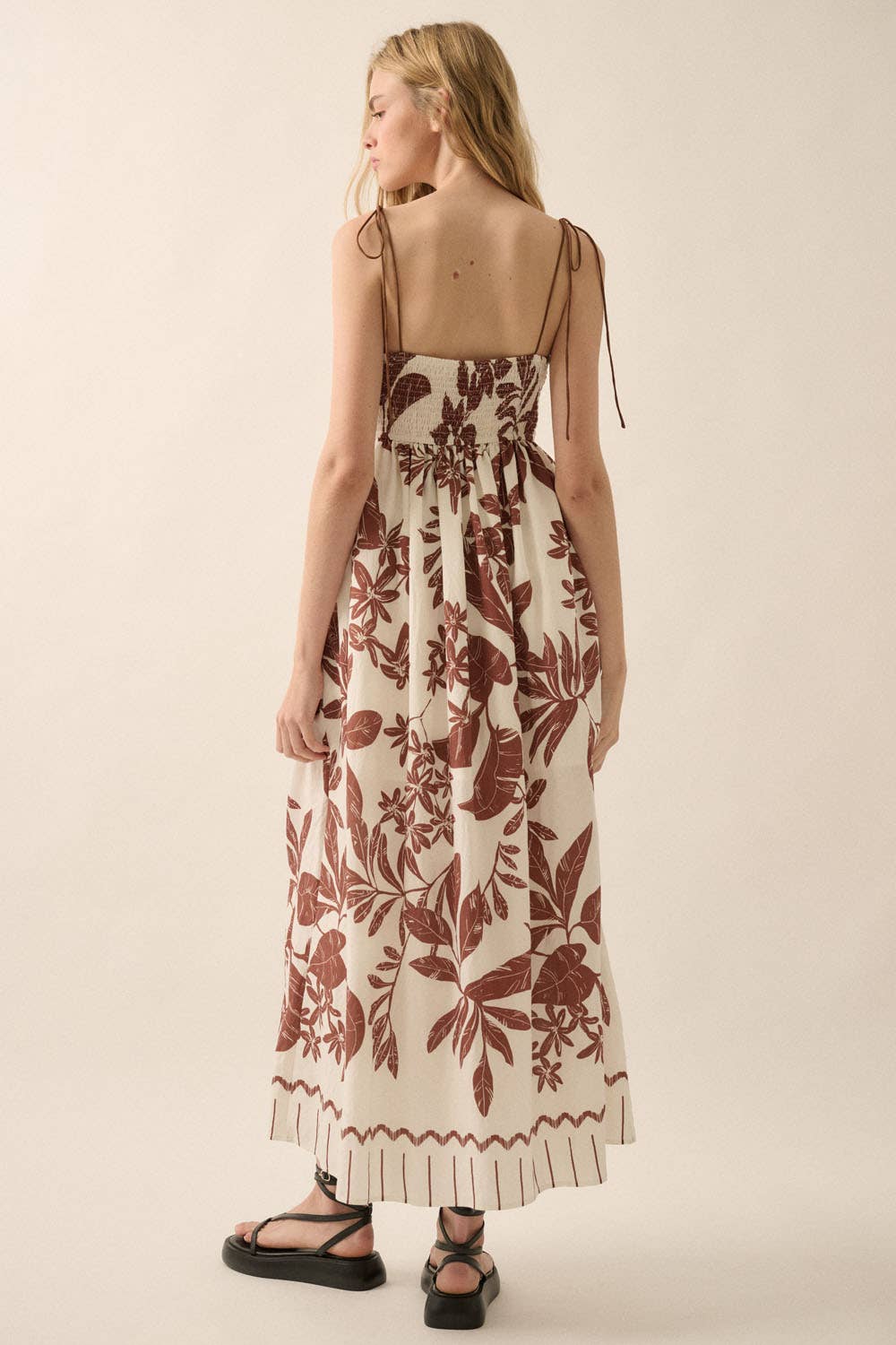 Tropical-Print High-waist Fit-and-Flare Maxi Dress: BLACK / YDC1828C