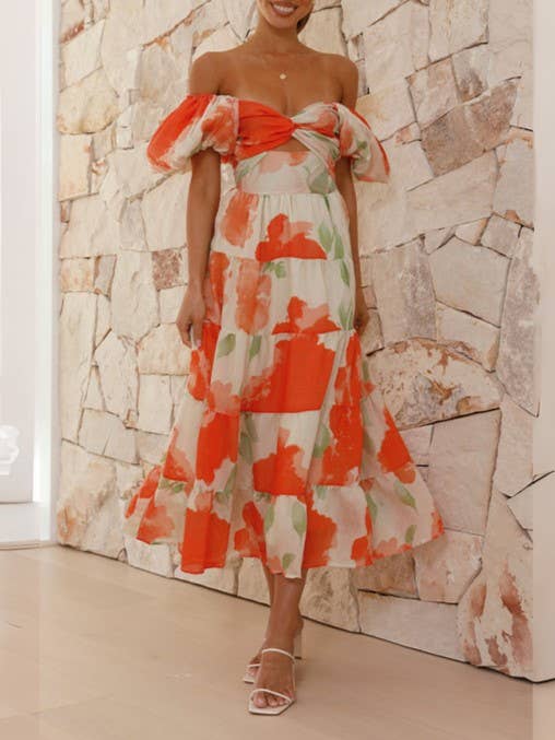 Puff off the shoulder twist floral prairie maxi dress: Yellow / RCJY00262-Yellow
