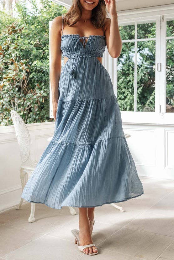 Solid bandeau strap backless swing maxi tiered dress: Blue / RCJY00340-Blue