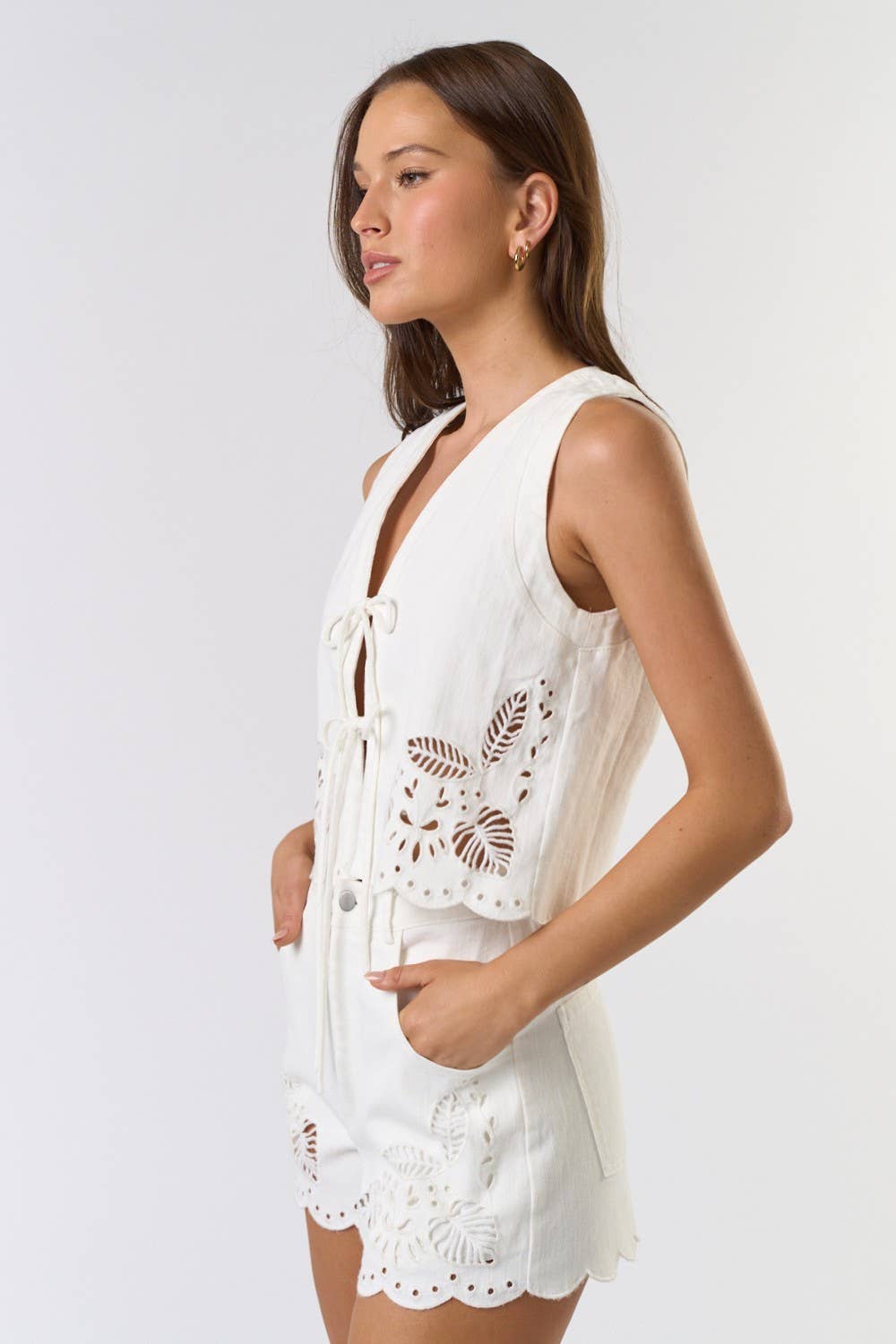 ILT5284 Front Tie Embroidered Vest: Brown