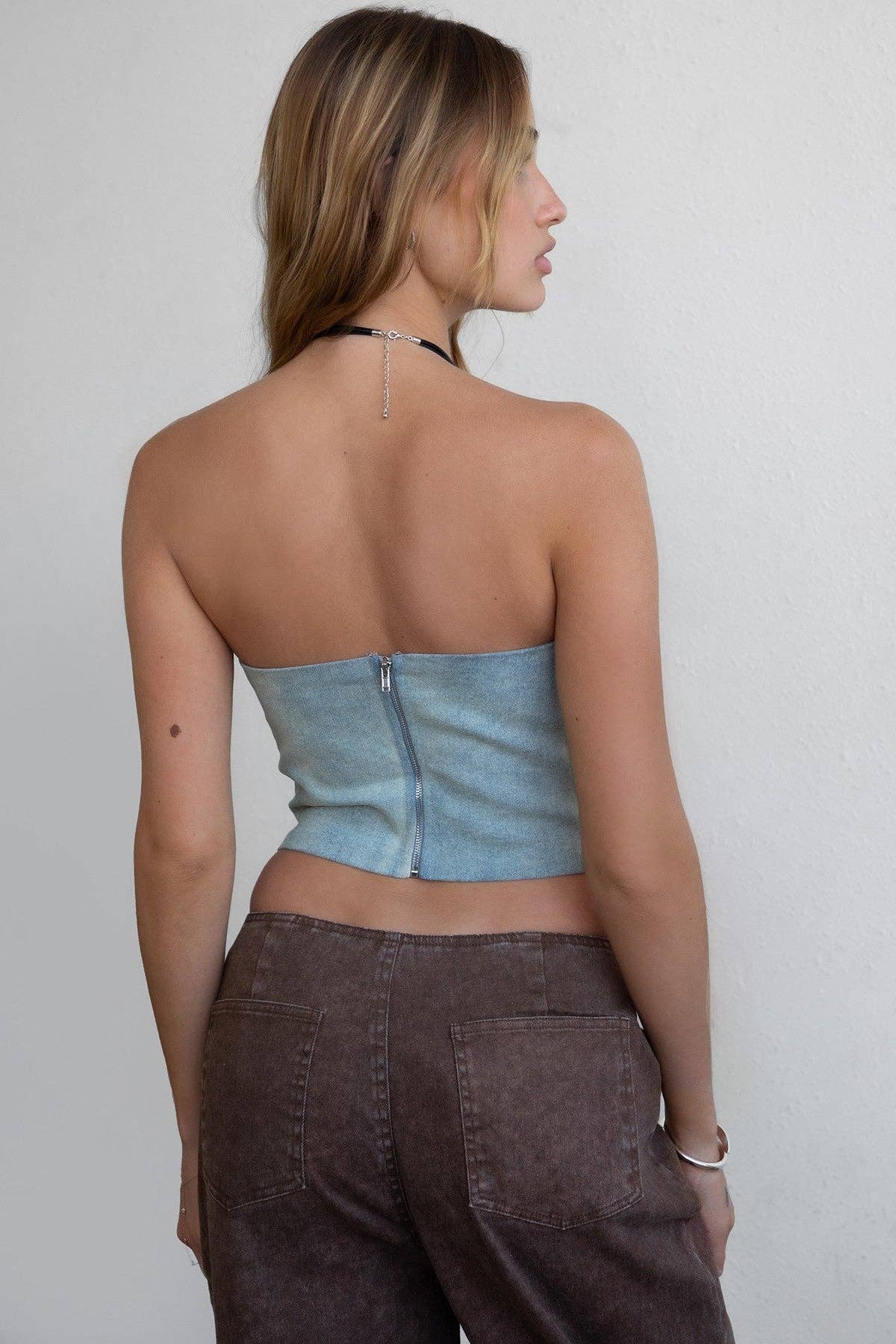 Washed Denim Bustier Corset Top TA30549-FIERY: FADED BLUE CREAM
