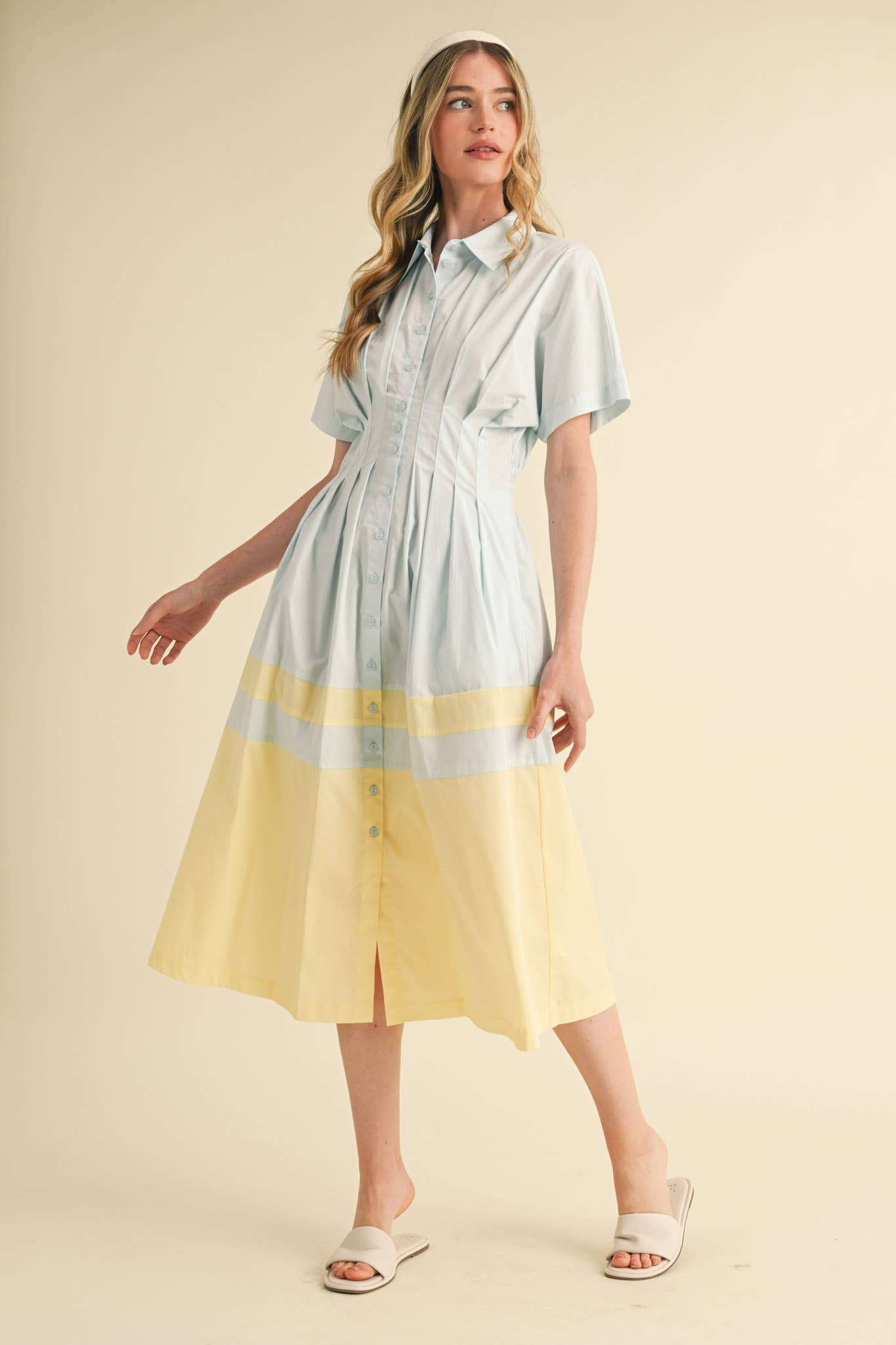 BUTTON DOWN PLEATED WAIST COLOR BLOCK MIDI DRESS MDR3556