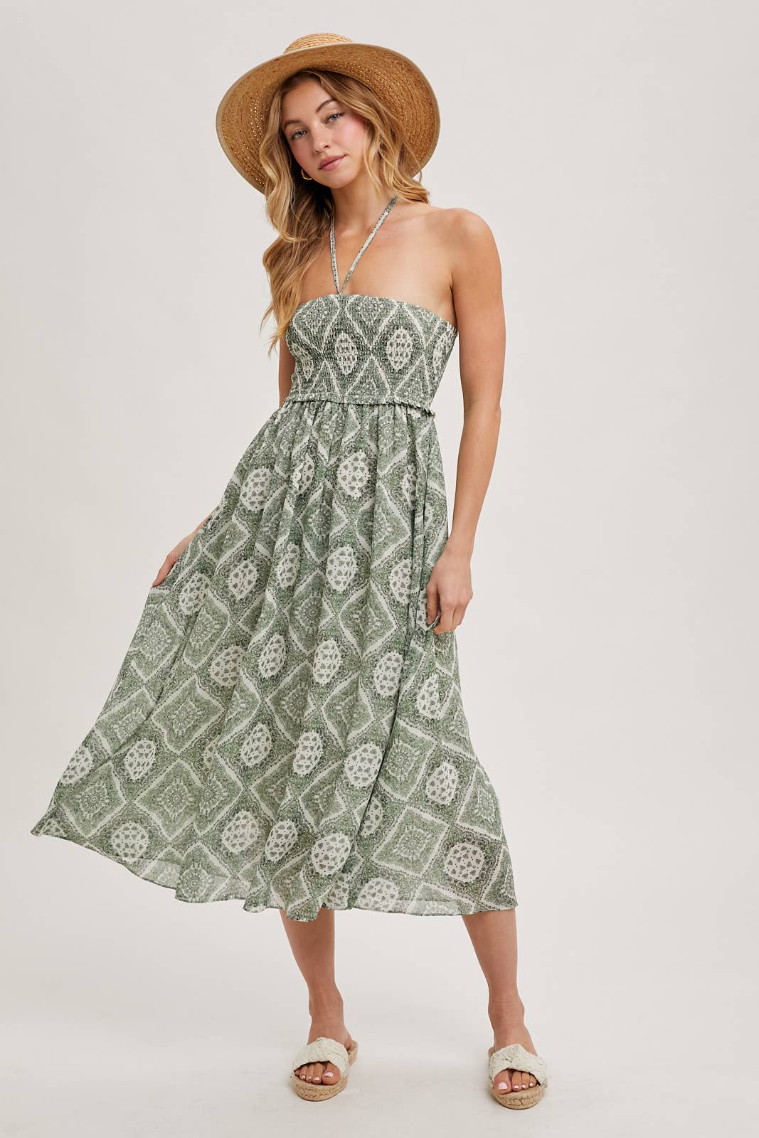 GEO PRINT SMOCKED HALTER DRESS: Green D02355