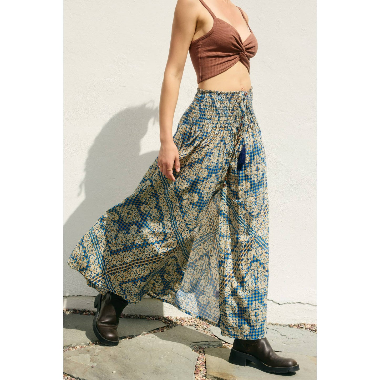 Stay Cute Smocked Hip Midi Skirt: PLAID DENIM / FS12202-P1971_1