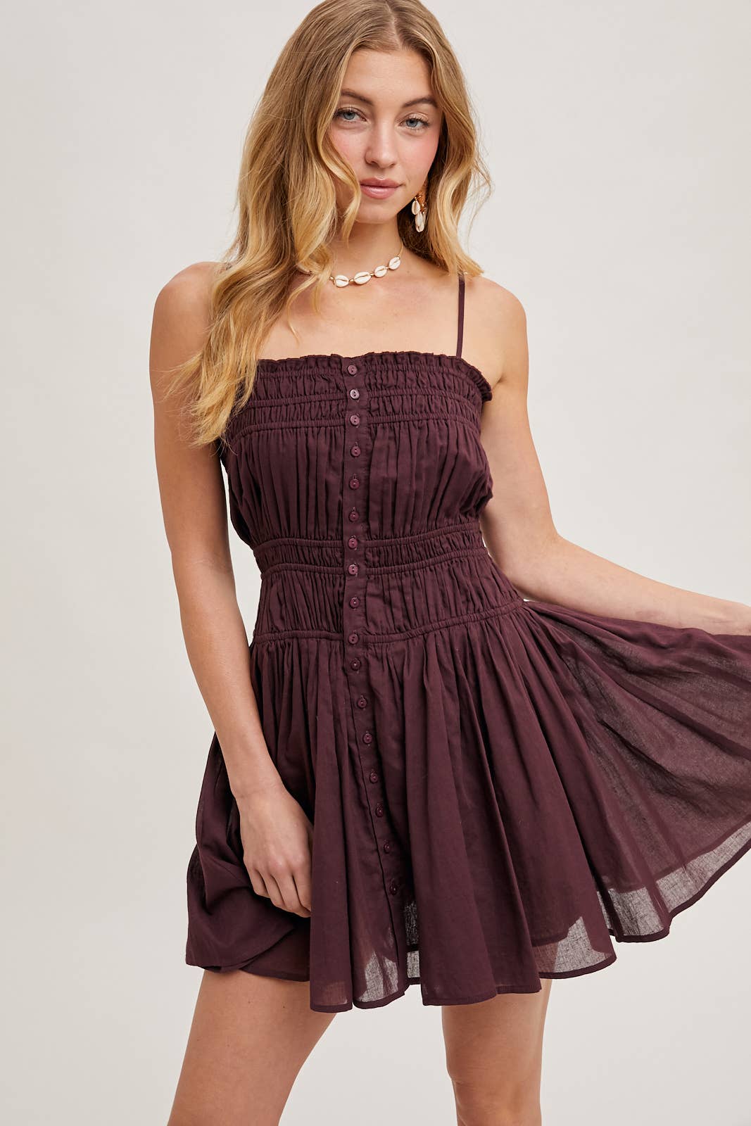 SMOCKED BUTTON DOWN SLEEVELESS MINI SLIP DRESS: PLUM / D02287