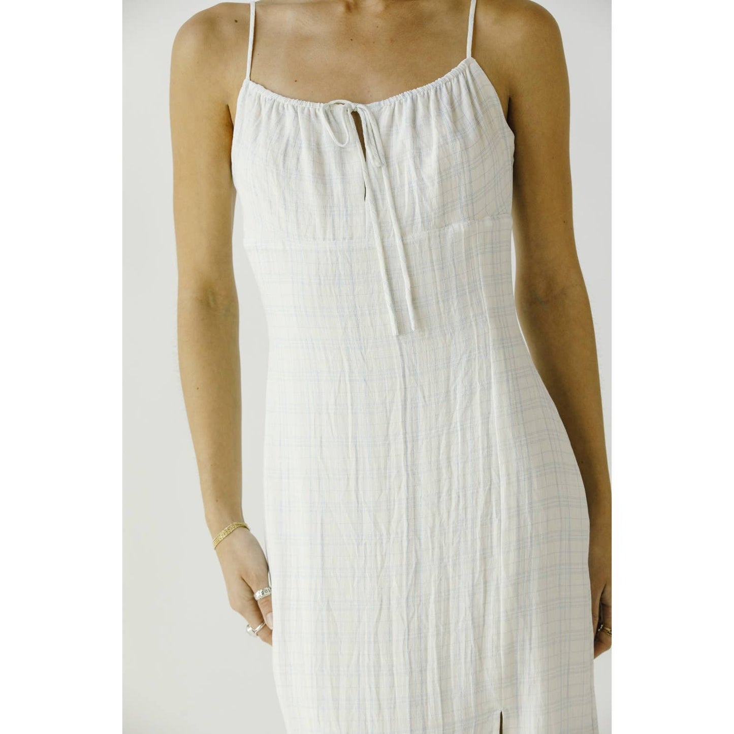 JD5781A- LIGHT PLAID PRINT MIDI DRESS: WHITE BLUE STRIPE