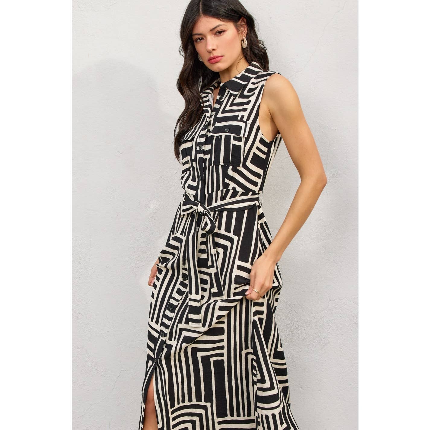 Runaway Sleeveless Shirt Dress: BLACK/CREAM / FD12430-P2063_2