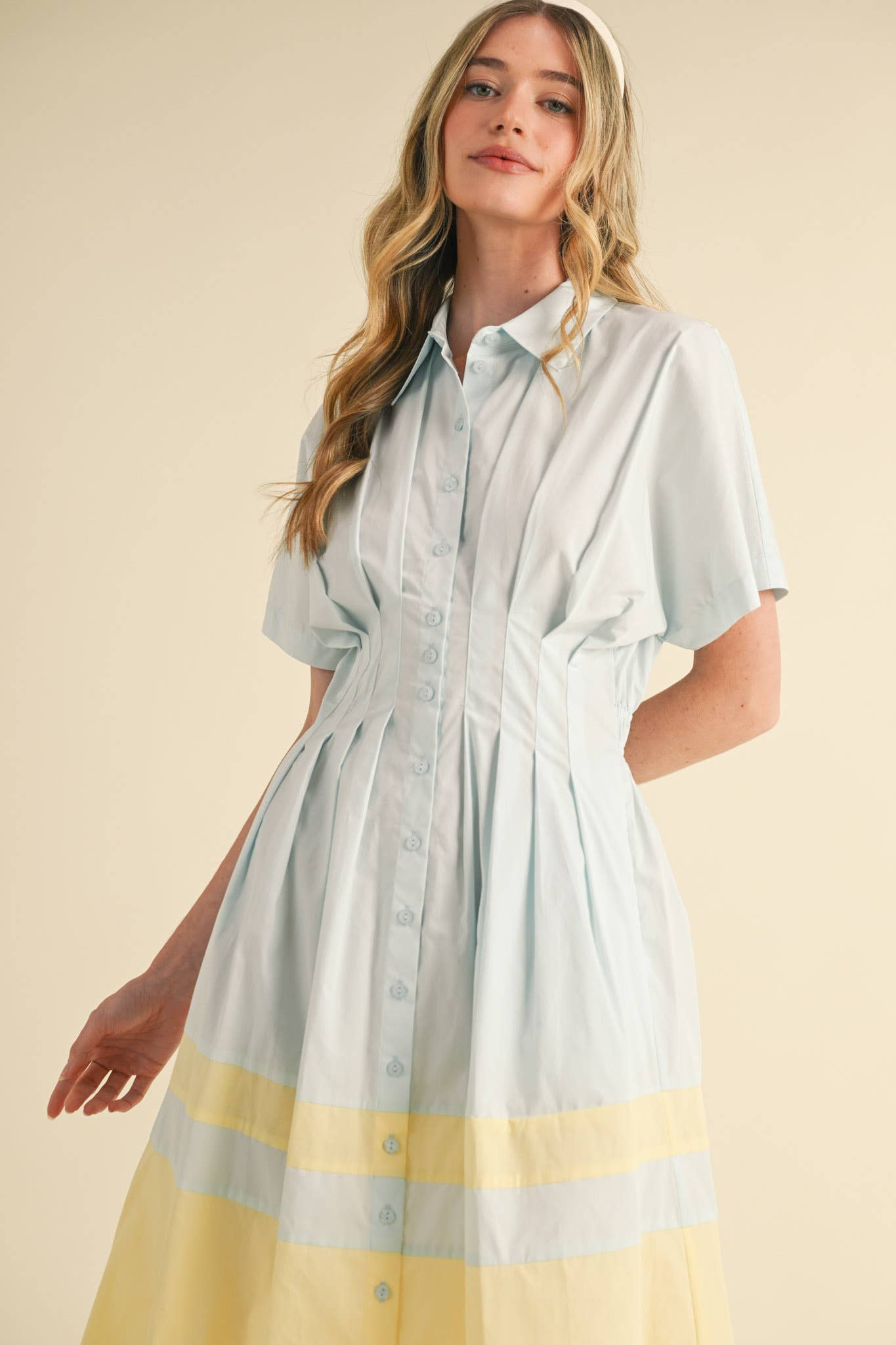 BUTTON DOWN PLEATED WAIST COLOR BLOCK MIDI DRESS MDR3556