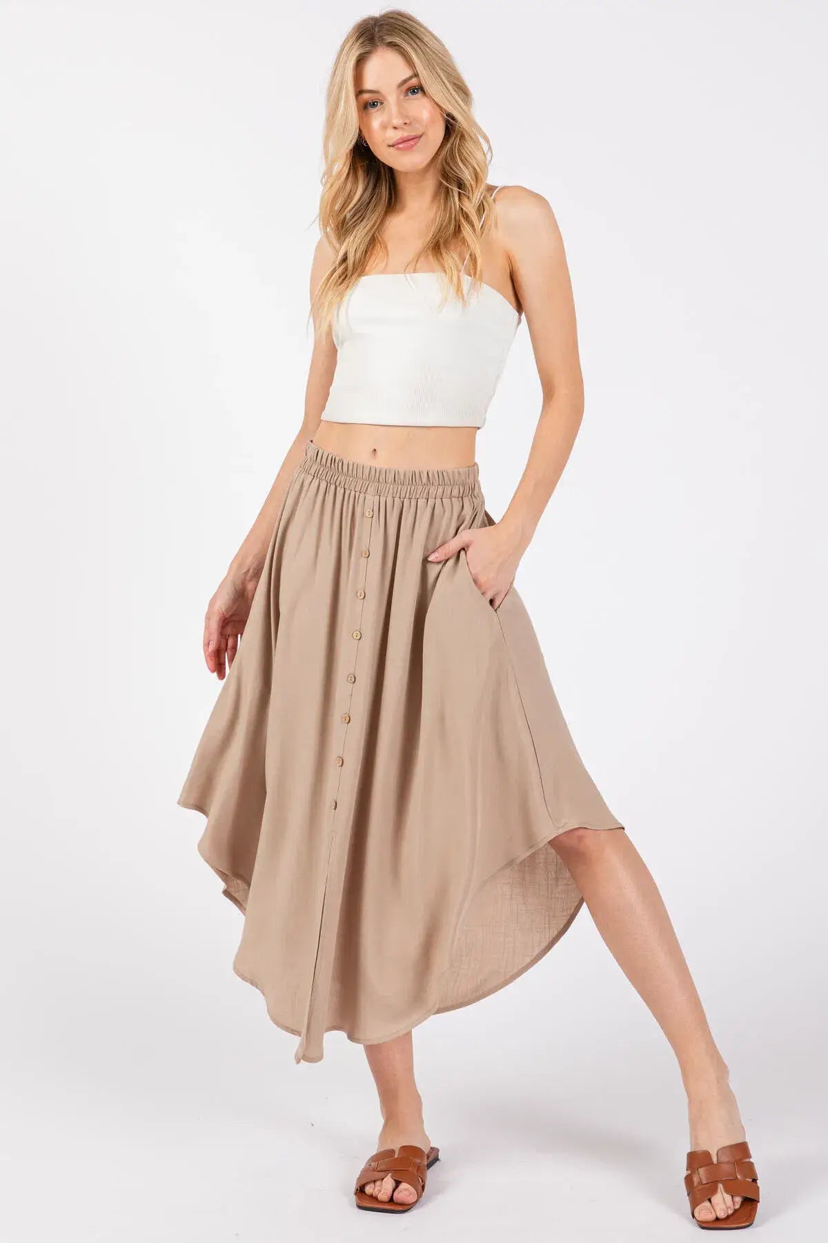 Solid Elastic Waist Midi Skirt - NS80162D: Dune