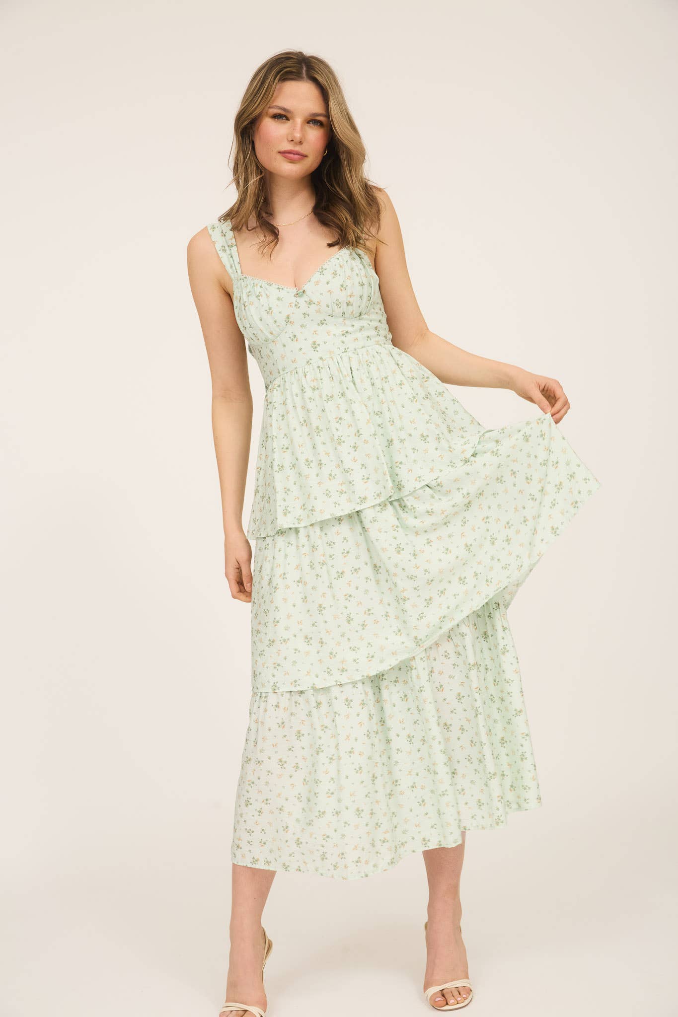 FLORAL SLEEVELESS CORSET RUFFLE TIERED MIDI DRESS: BLUE TB8824
