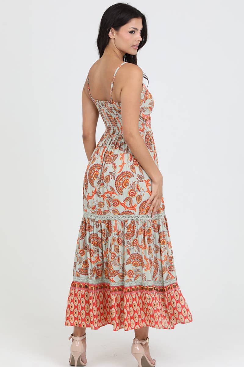 F4F48-A889 V NECK TWIST FRONT CUT OUT TIERED MAXI DRESS