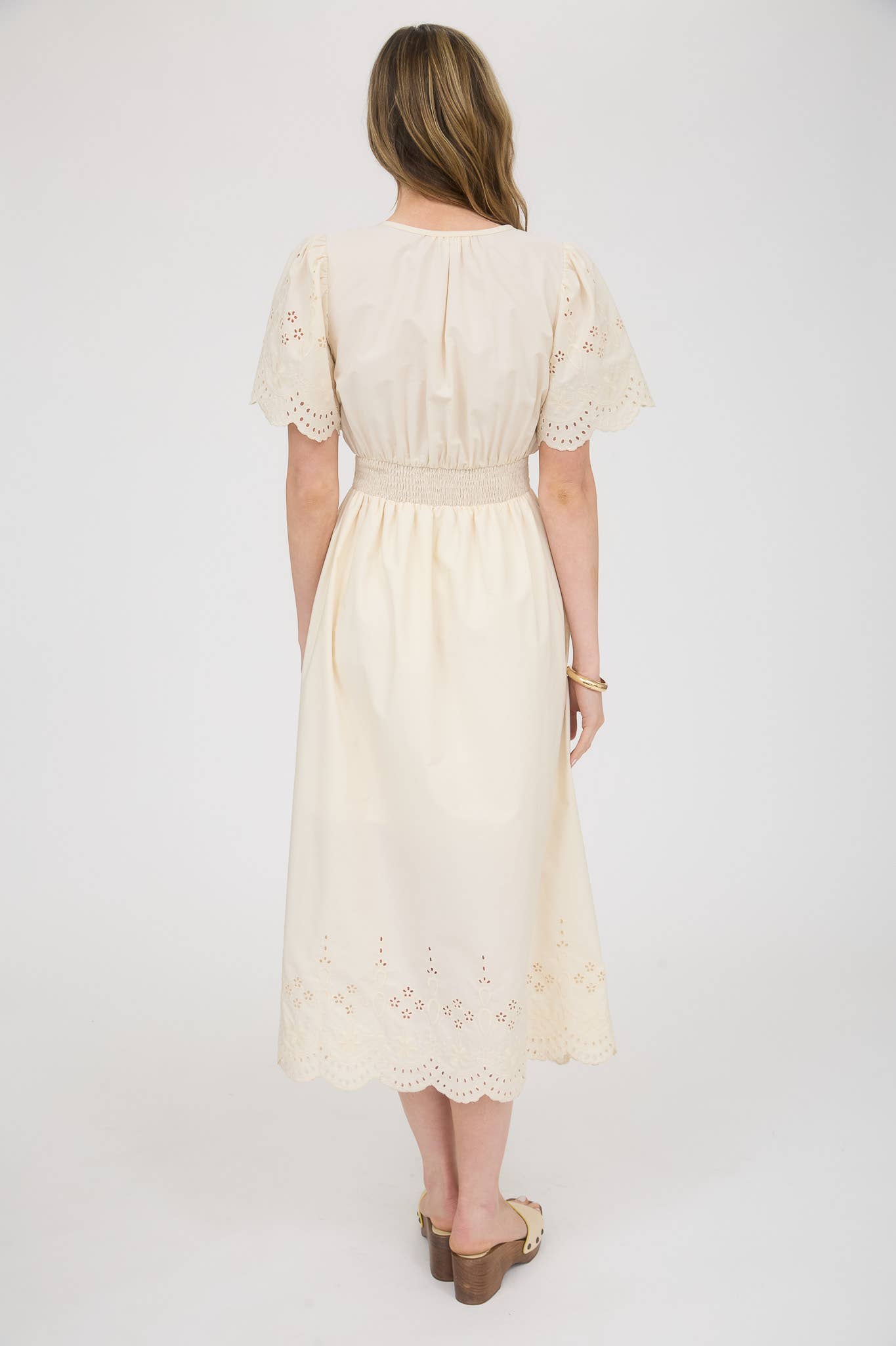 EMBROIDERY EYELET DETAIL BELTED MIDI CR2569 : CHAMPAGNE