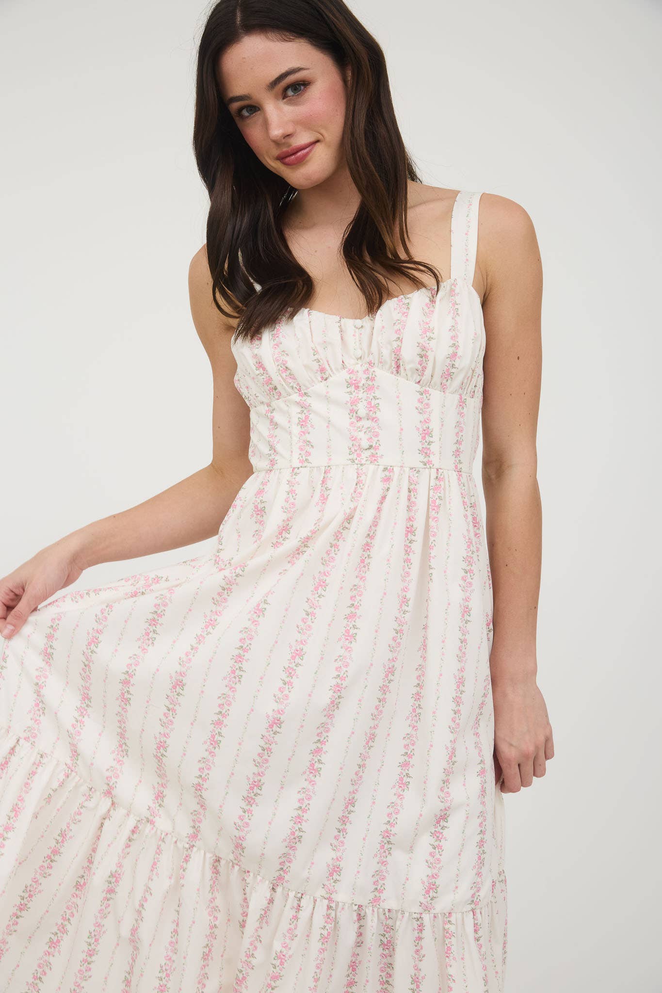 FLORAL STRIPE BUTTON DETAIL MAXI DRESS: BLUE B5SD1045
