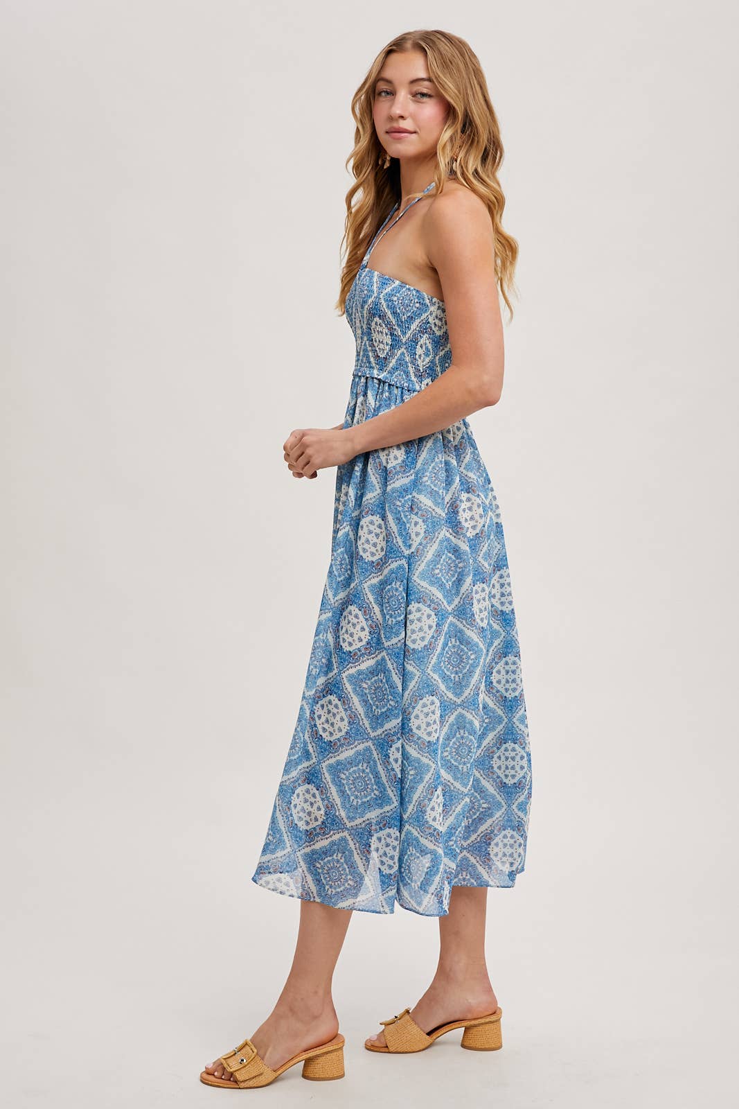 GEO PRINT SMOCKED HALTER DRESS: Green D02355