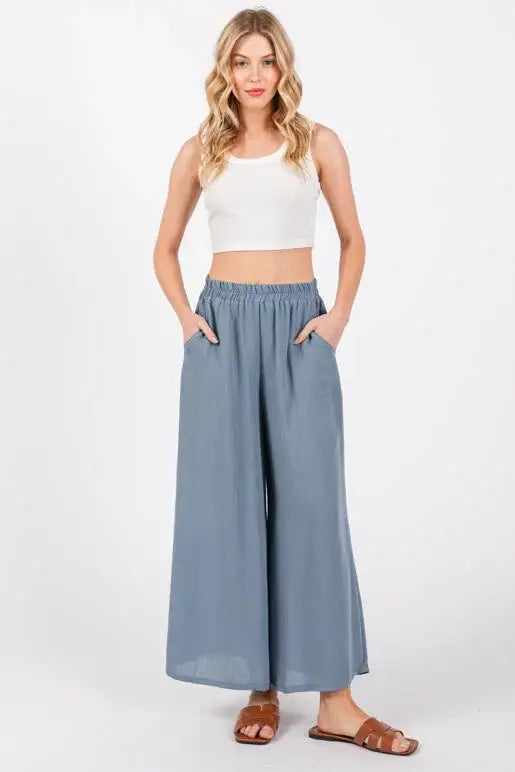 Woven Wide Leg Pull on Pants - NP16207E10: Sage Green