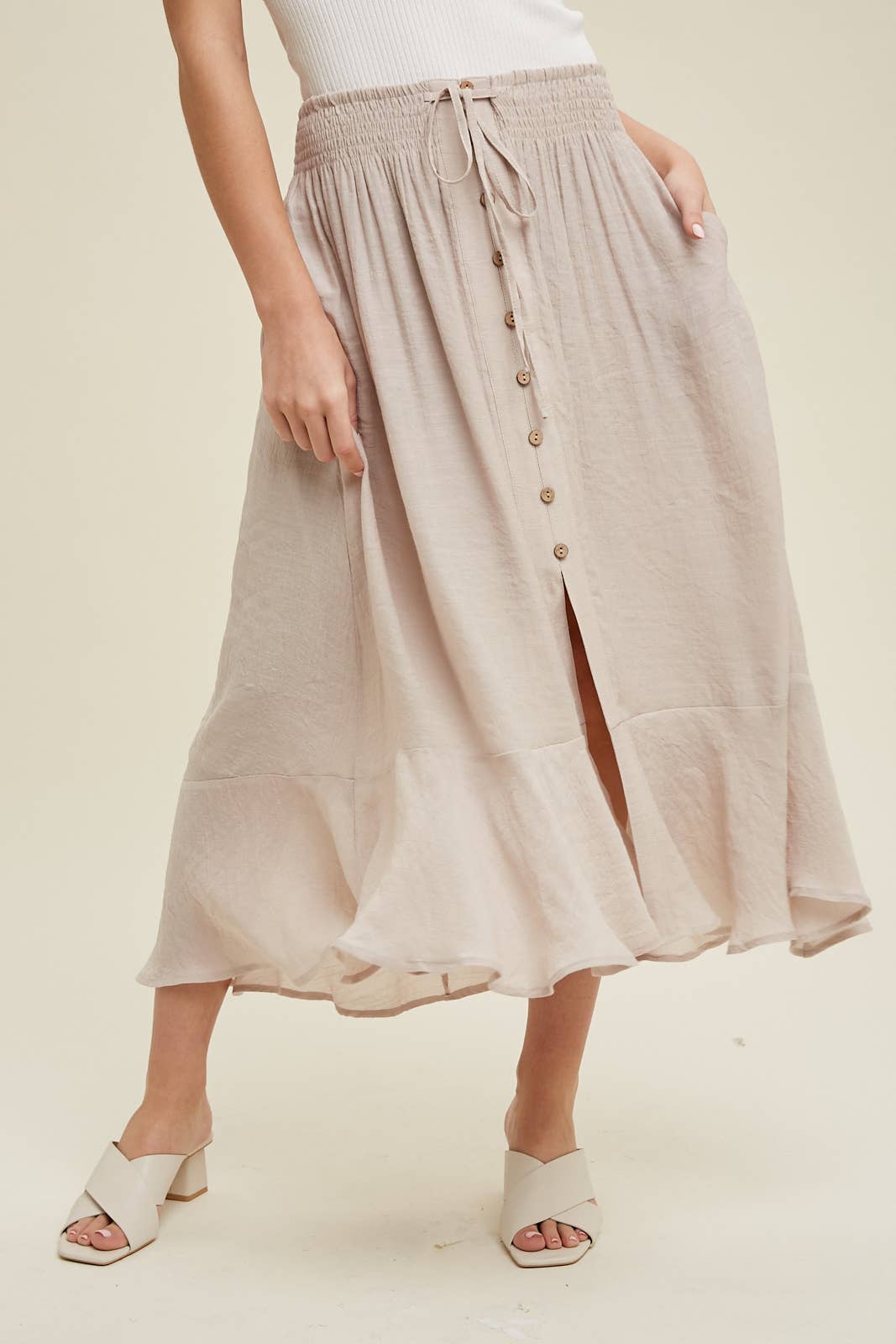 BUTTON-UP MIDI SKIRT WITH DRAWSTRING / WL23-7528: HAZELNUT
