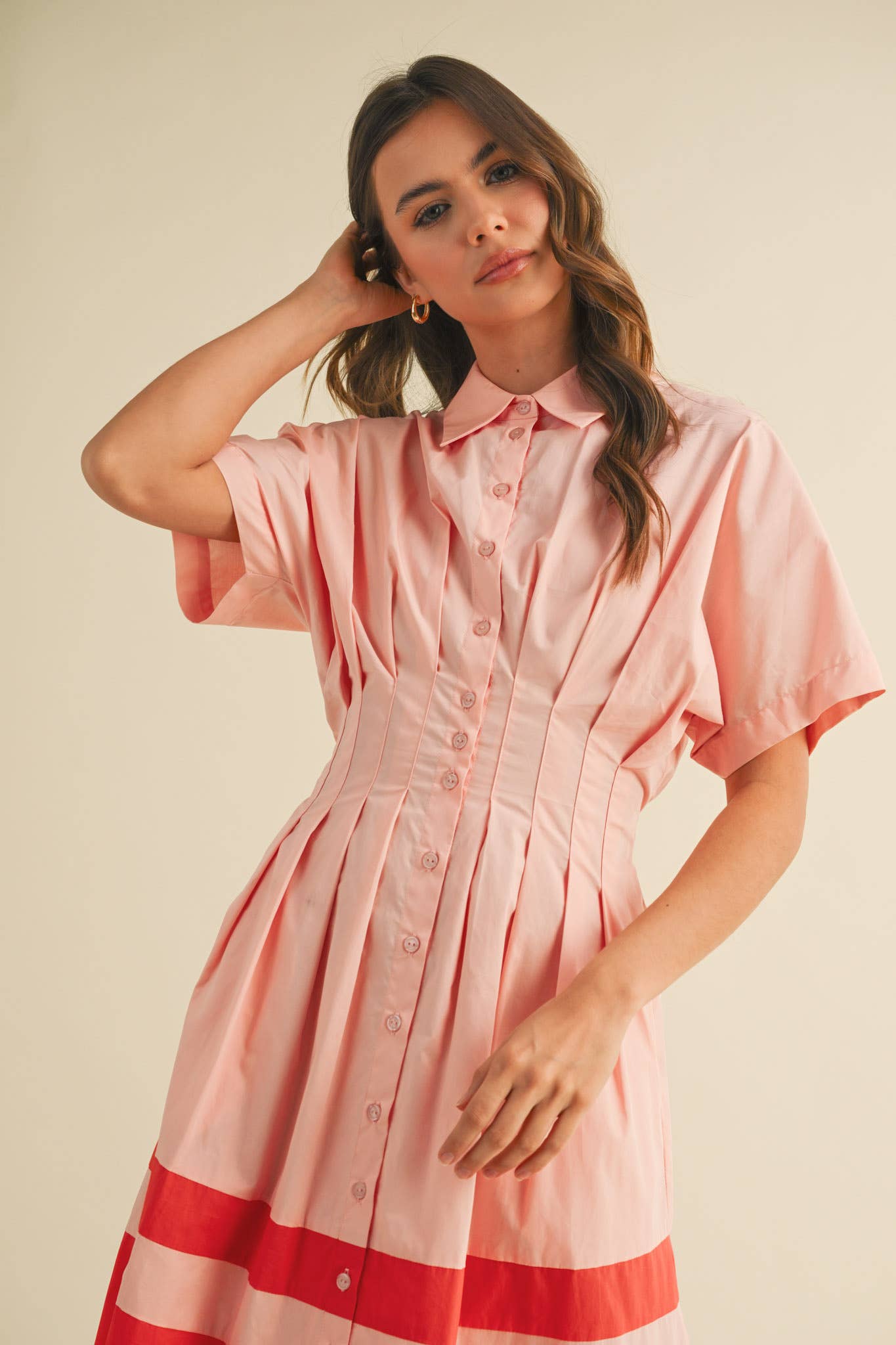 BUTTON DOWN PLEATED WAIST COLOR BLOCK MIDI DRESS MDR3556