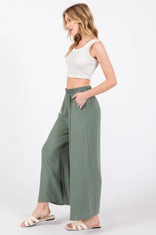 Woven Wide Leg Pull on Pants - NP16207E10: Sage Green
