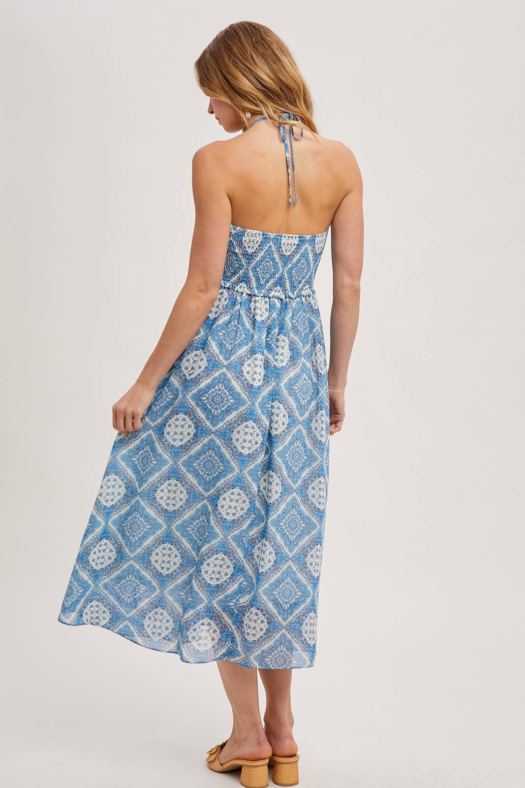 GEO PRINT SMOCKED HALTER DRESS: Green D02355